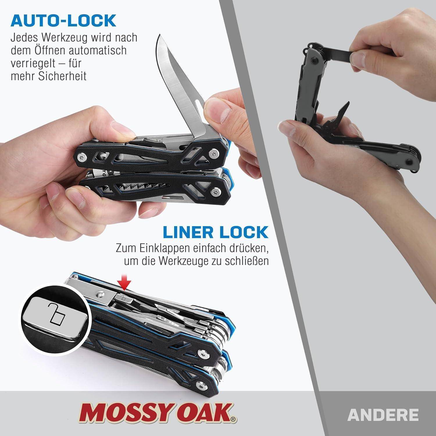 Hände demonstrieren die Verwendung eines Multitools mit einem Messer. Text auf Deutsch hebt die Sicherheitsmerkmale 'Auto-Lock' und 'Easy Lock' hervor. Logo: 'Mossy Oak'.