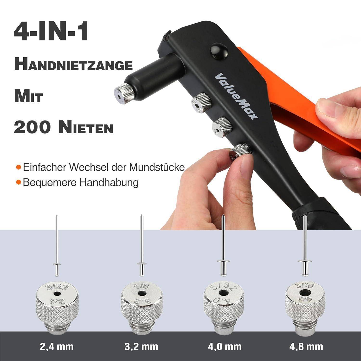 Nietzange Set 4in1 Handnietzange mit 200 Nieten 2,4-4,8 mm