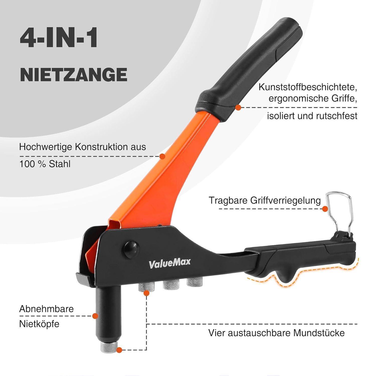 Nietzange Set 4in1 Handnietzange mit 200 Nieten 2,4-4,8 mm