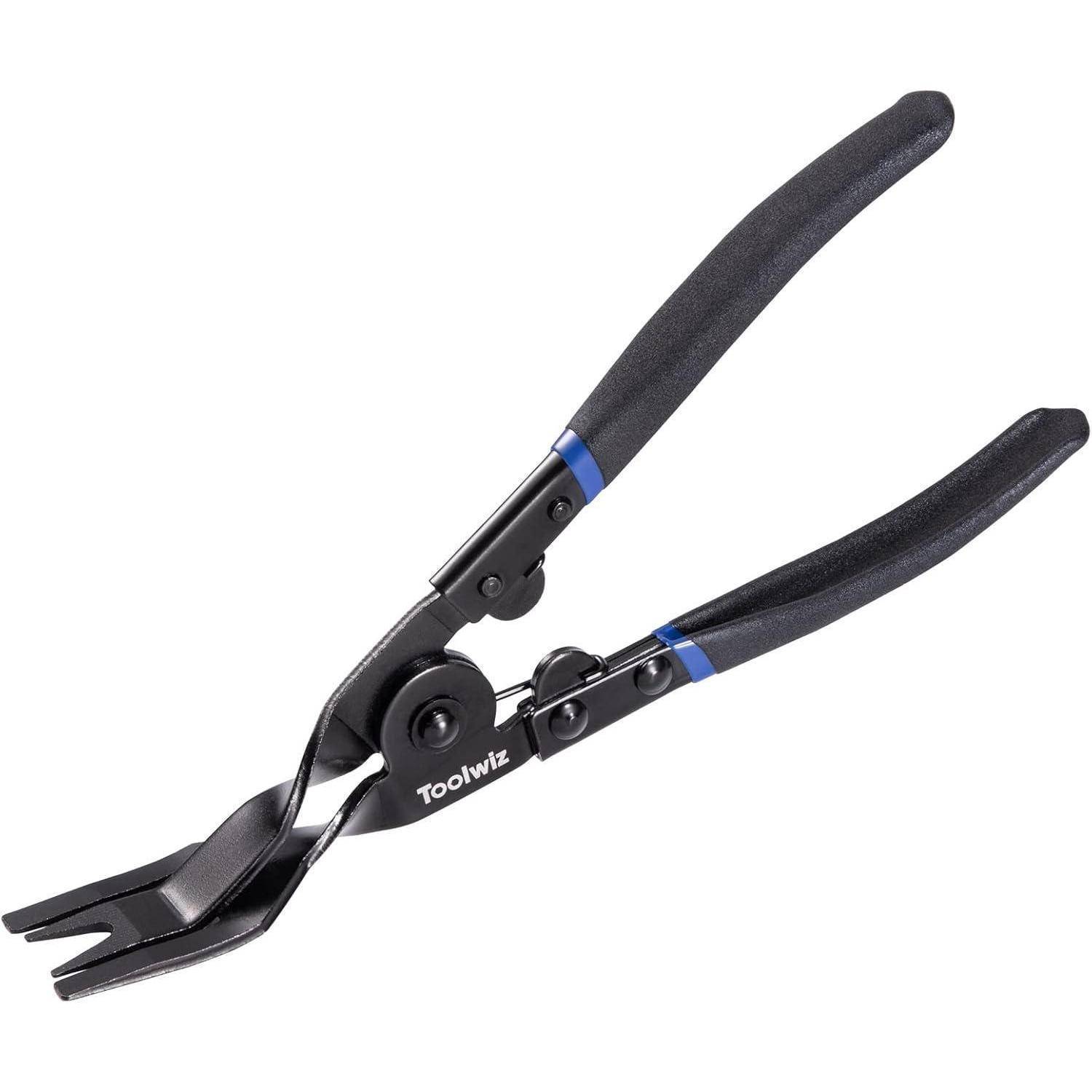 Werkzeug, als Zange beschrieben, speziell entwickelt zum Entfernen von Befestigungen oder Clips, mit einer scharfen, gegabelten Spitze und ergonomischen Griffen.