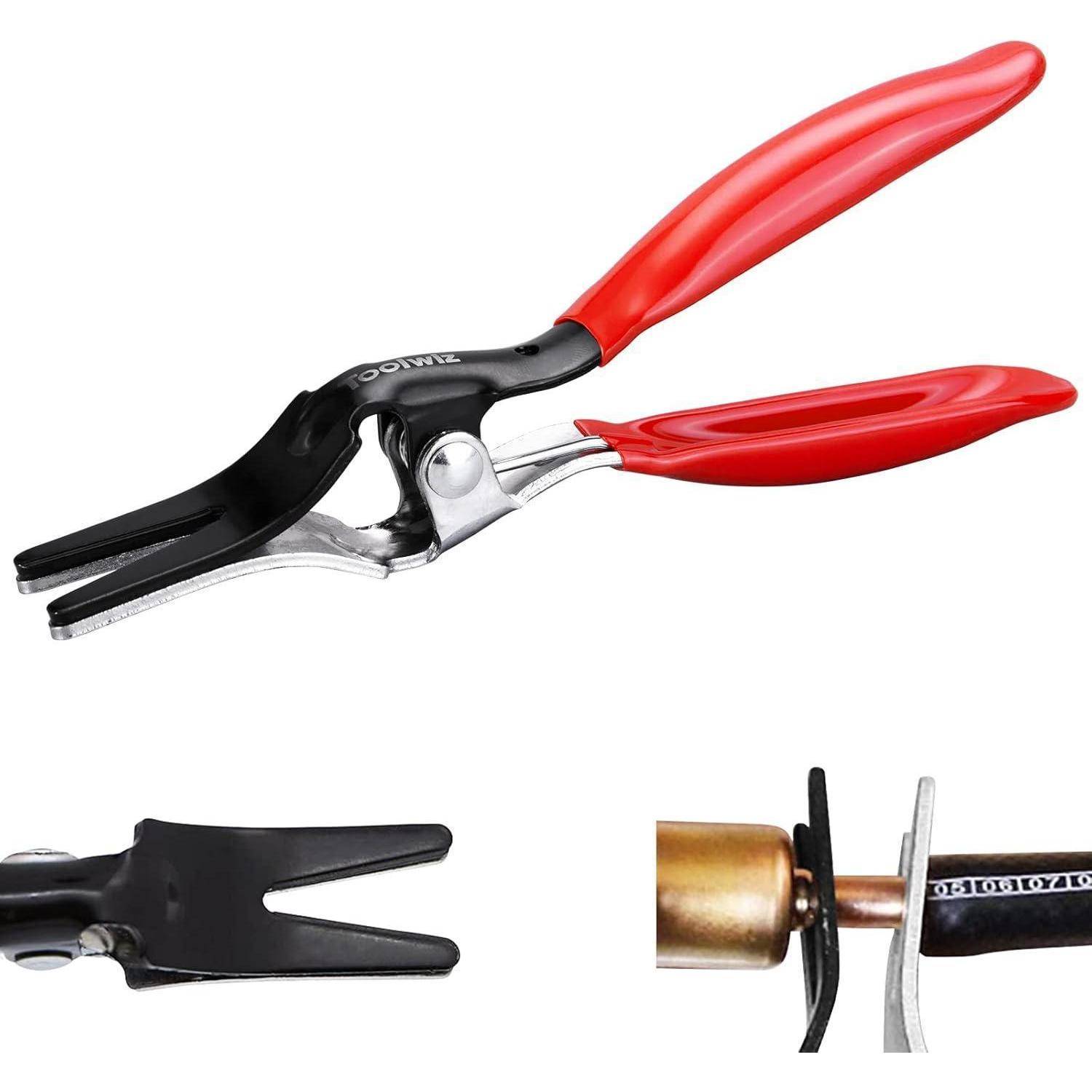 ATD Tools Schlauchklemm-Zange mit roten Griffen und breiten, flachen Backen, geeignet zum Klemmen flacher Schläuche ohne Beschädigung.