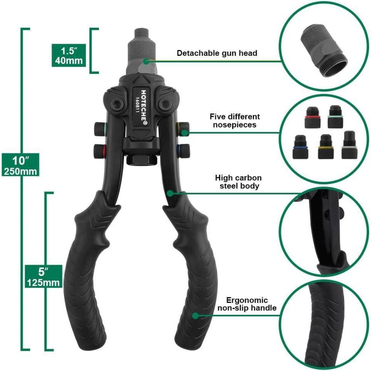Merkmale des Nietgeräts umfassen abnehmbaren Kopf, fünf Aufsätze, Hochkohlenstoffstahl-Gehäuse, ergonomischen rutschfesten Griff; Größen: 10', 5', 1,5'.