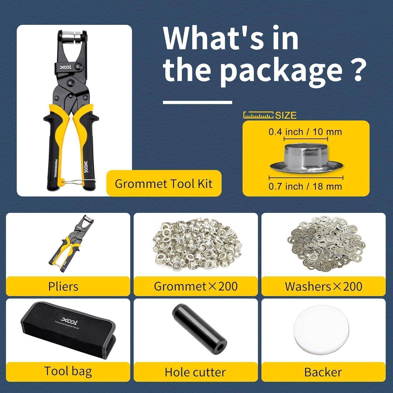 Was ist in der Packung? Das Öseneinschlag-Werkzeugset enthält Zange, 200 Ösen, 200 Unterlegscheiben, Werkzeugtasche, Lochschneider und Aussparung.
