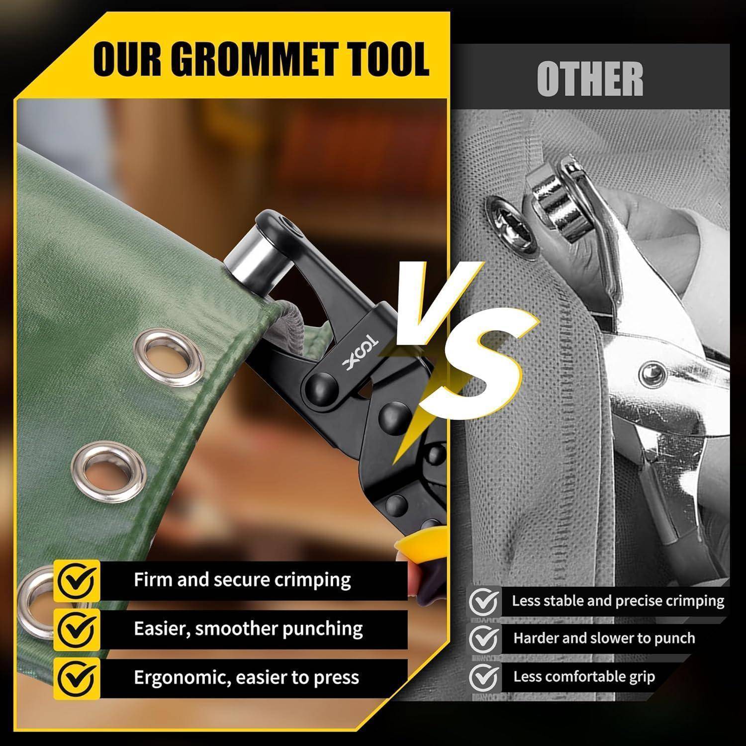 Im Abschnitt ‚Unser Grommet-Werkzeug' wird eine feste Crimping-Funktion, einfaches Stanzen und ein ergonomischer Griff dargestellt. Der ‚Andere' Abschnitt deutet auf weniger Stabilität und Unbehaglichkeit hin.