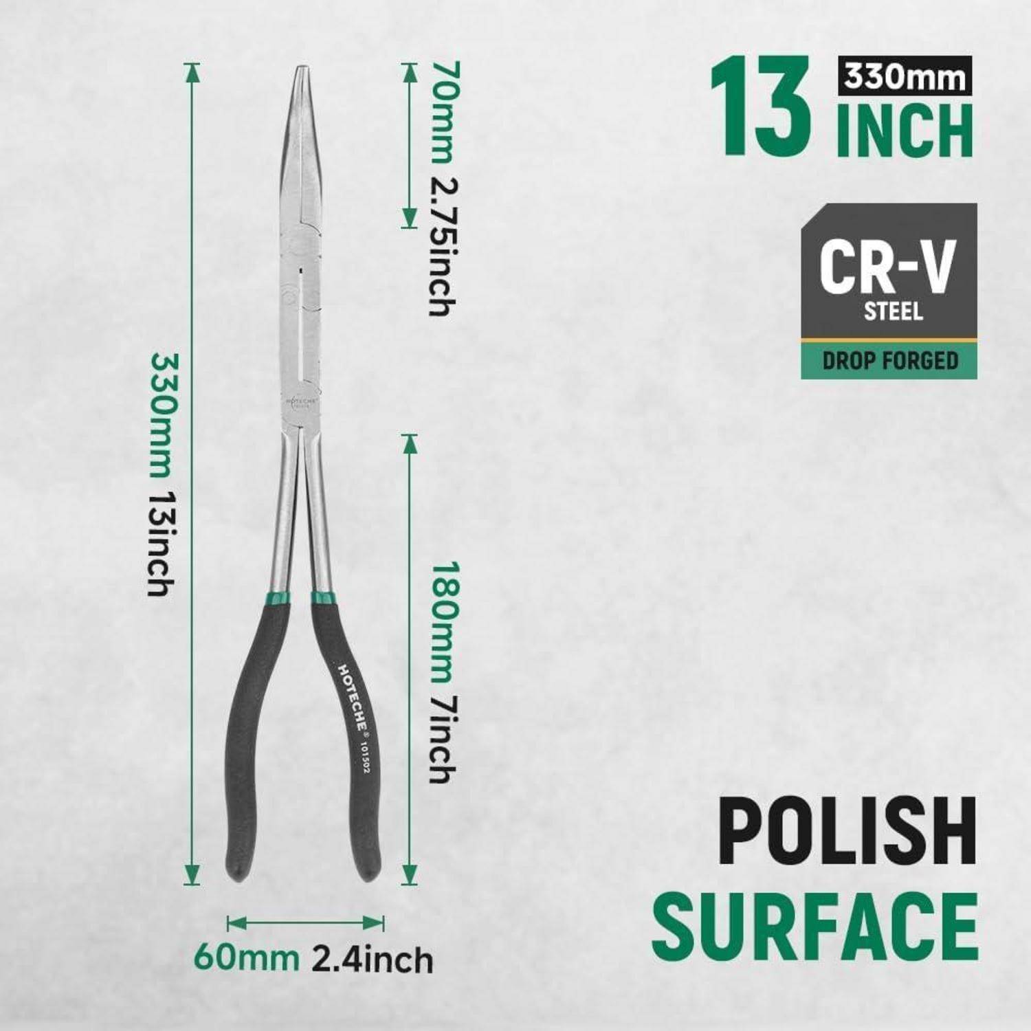 13-Zoll-Zange aus CRV-Stahl, geschmiedet, polierte Oberfläche. Gesamtlänge 330 mm; Griff 180 mm; Breite 60 mm. Griffdetails werden gezeigt.