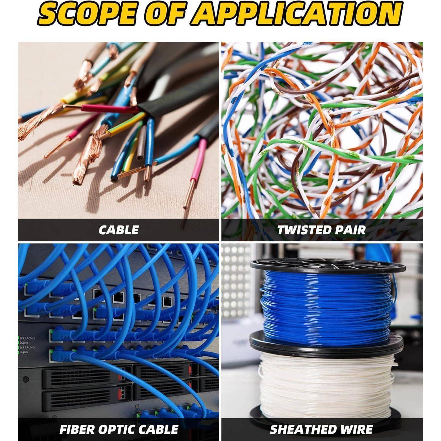 Bild mit Anwendungen verschiedener Kabel: 'Kabel' mit freiliegenden Drähten, 'Twisted Pair' verschlungen, 'Glasfaserkabel' blaue Kordeln und 'Ummanteltes Kabel' zwei Rollen.