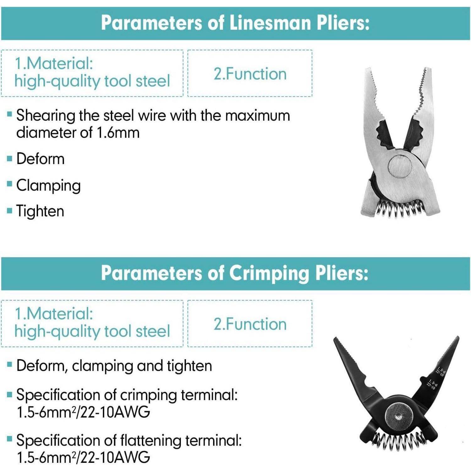 Parameter von Linienzangen: Material: hochwertiger Werkzeugstahl. Funktion: Schneiden, Verformen, Klemmen, Festziehen.' 'Parameter von Crimpzangen: Material: hochwertiger Werkzeugstahl. Funktion: Verformen, Klemmen, Festziehen, Spezifikation Crimpklemme: 1,5-6mm²/22-10AWG, Spezifikation Flachklemme: 1,5-6mm²/22-10AWG.