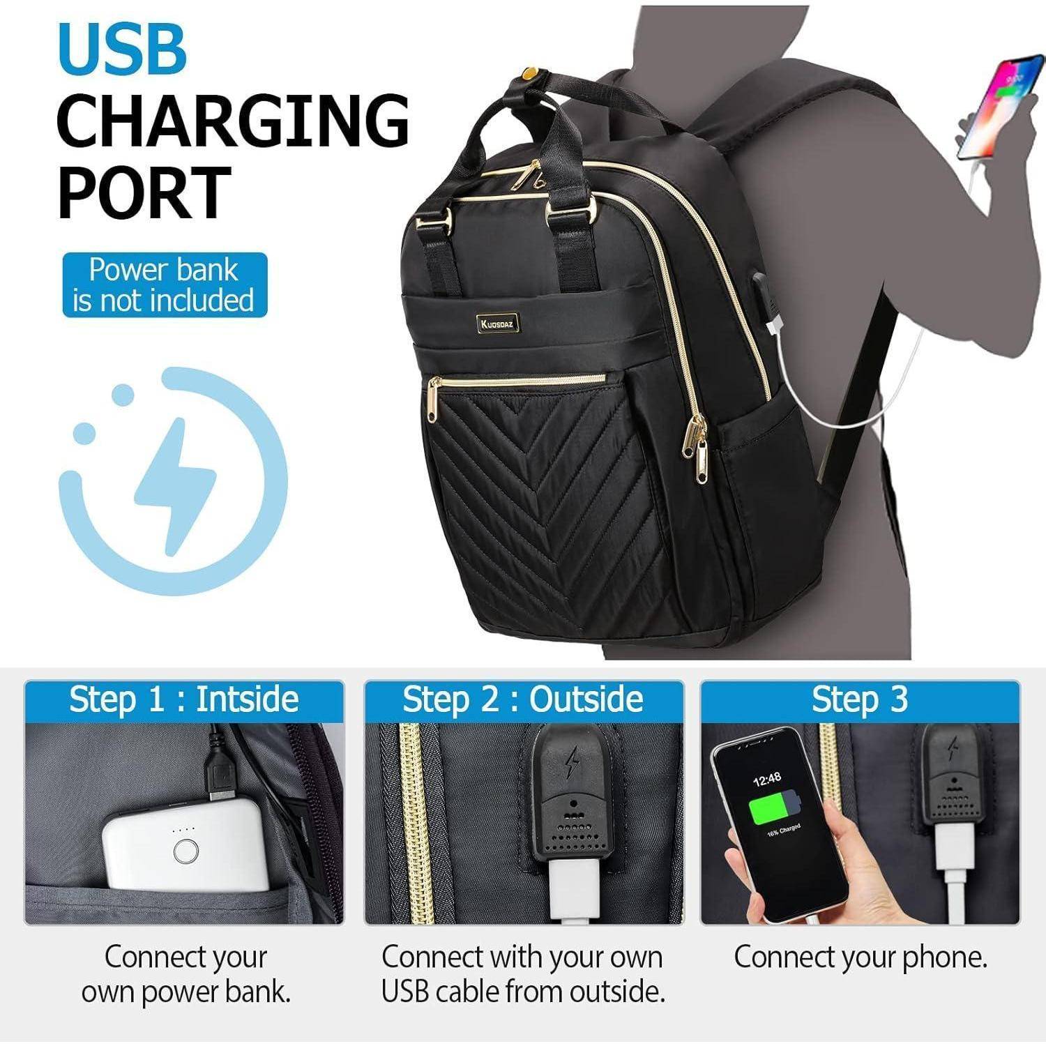 Rucksack Damen Laptop USB Ladeanschluss 15,6 Zoll Schwarz