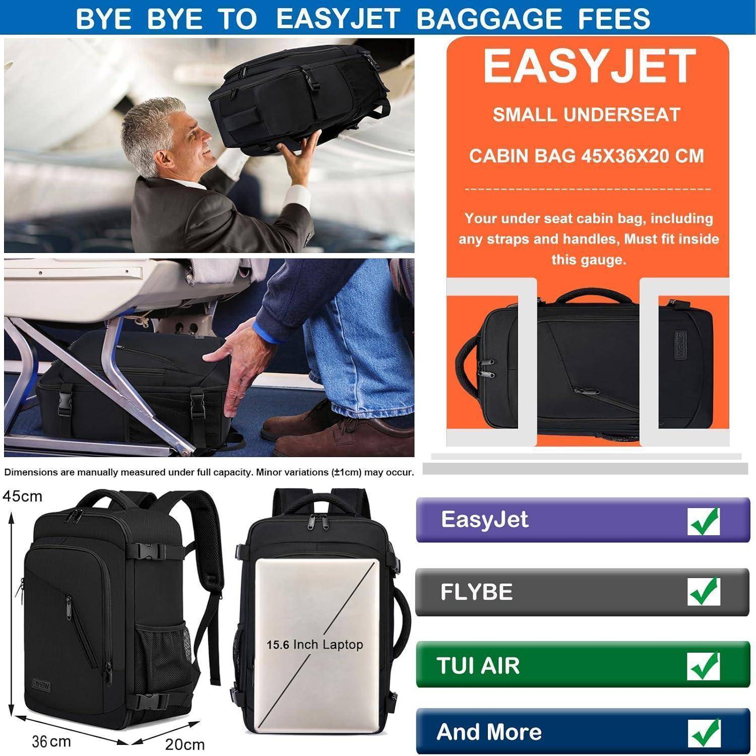 Mann verstaut einen Rucksack unter einem Flugzeiegsitz. Text liest sich: 