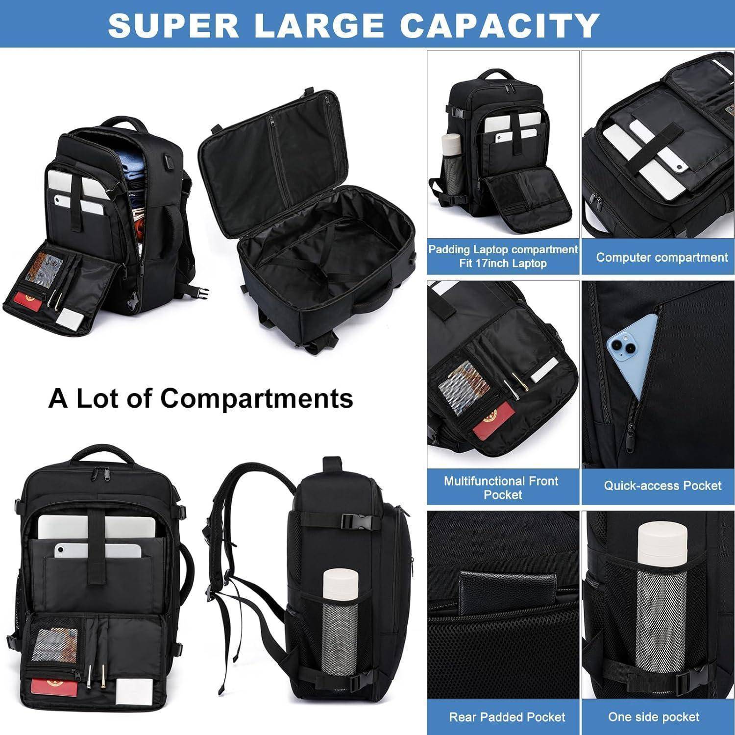 Rucksack mit mehreren Taschen und Fächern, geöffnet dargestellt, mit Platz für einen 17-Zoll-Laptop, Zubehör und tägliche Utensilien.