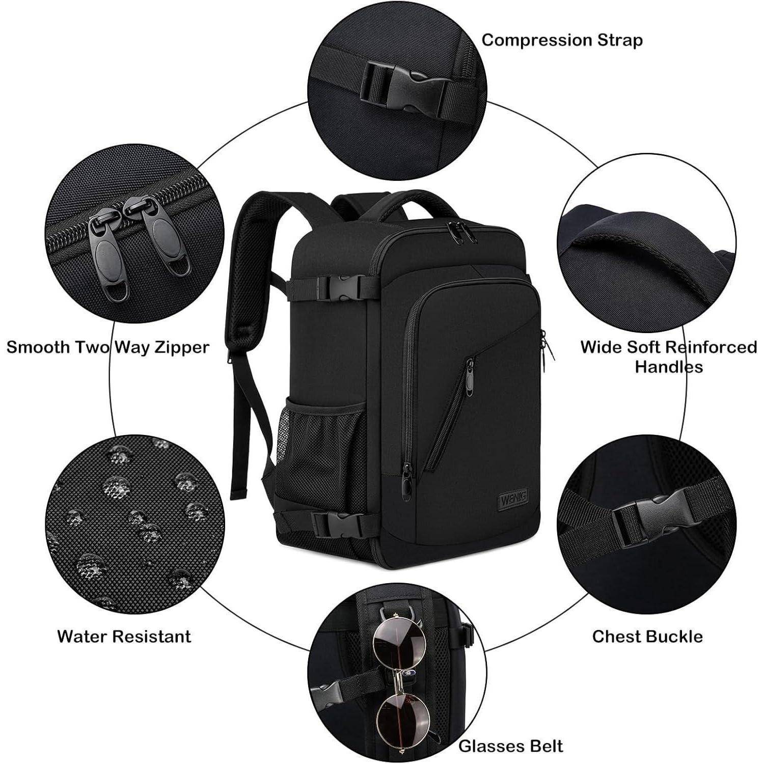 Schwarzer Rucksack mit hervorgehobenen Merkmalen: glatter Zweiwege-Reißverschluss, breite weiche verstärkte Griffe, Kompressionsgurt, Brustschnalle, Wasserresistenz und Brillengürtel.