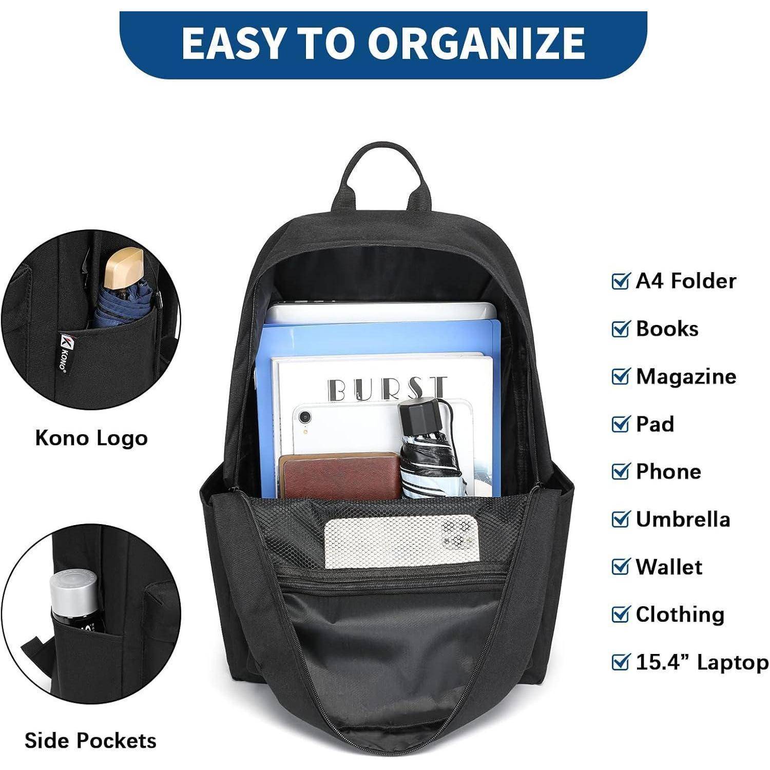 Schulrucksack 15,4-Zoll-Laptop, leicht, wasserabweisend, Schwarz