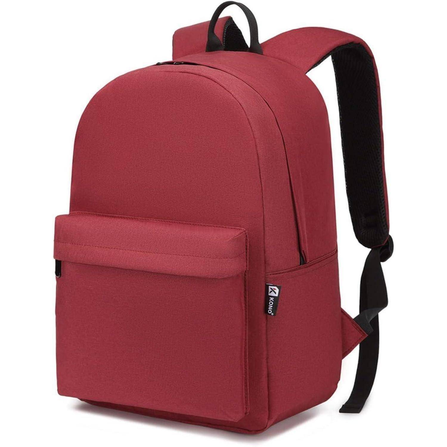 Ein roter Rucksack mit einer Fronttasche und gepolsterten Schultergurten, geeignet für Schule oder Reisen.