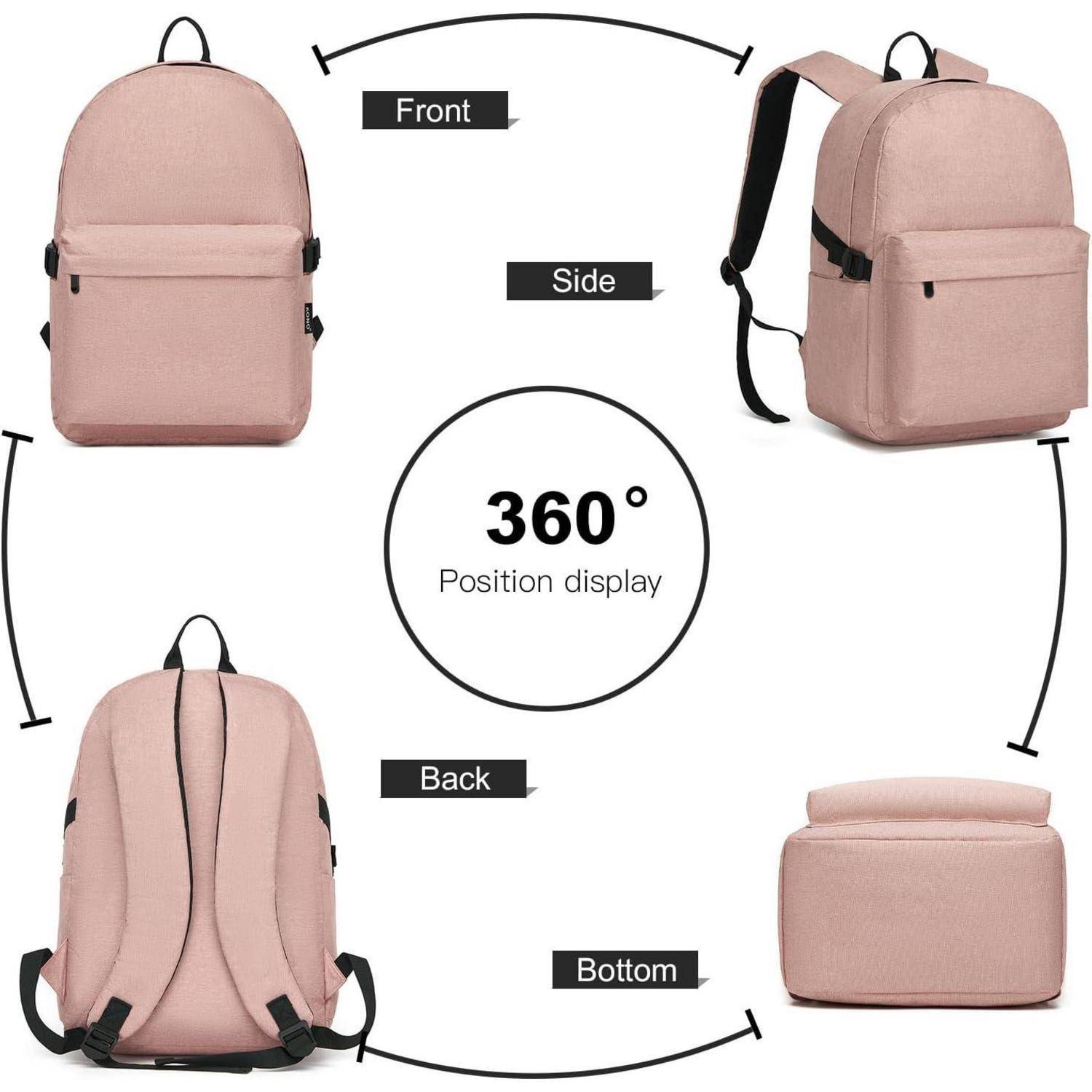 360°-Positionsanzeige eines rosa Rucksacks mit Darstellung von Vorder-, Seiten-, Rück- und Unterseite mit einfachen Trägern und verstellbarer Schnalle.