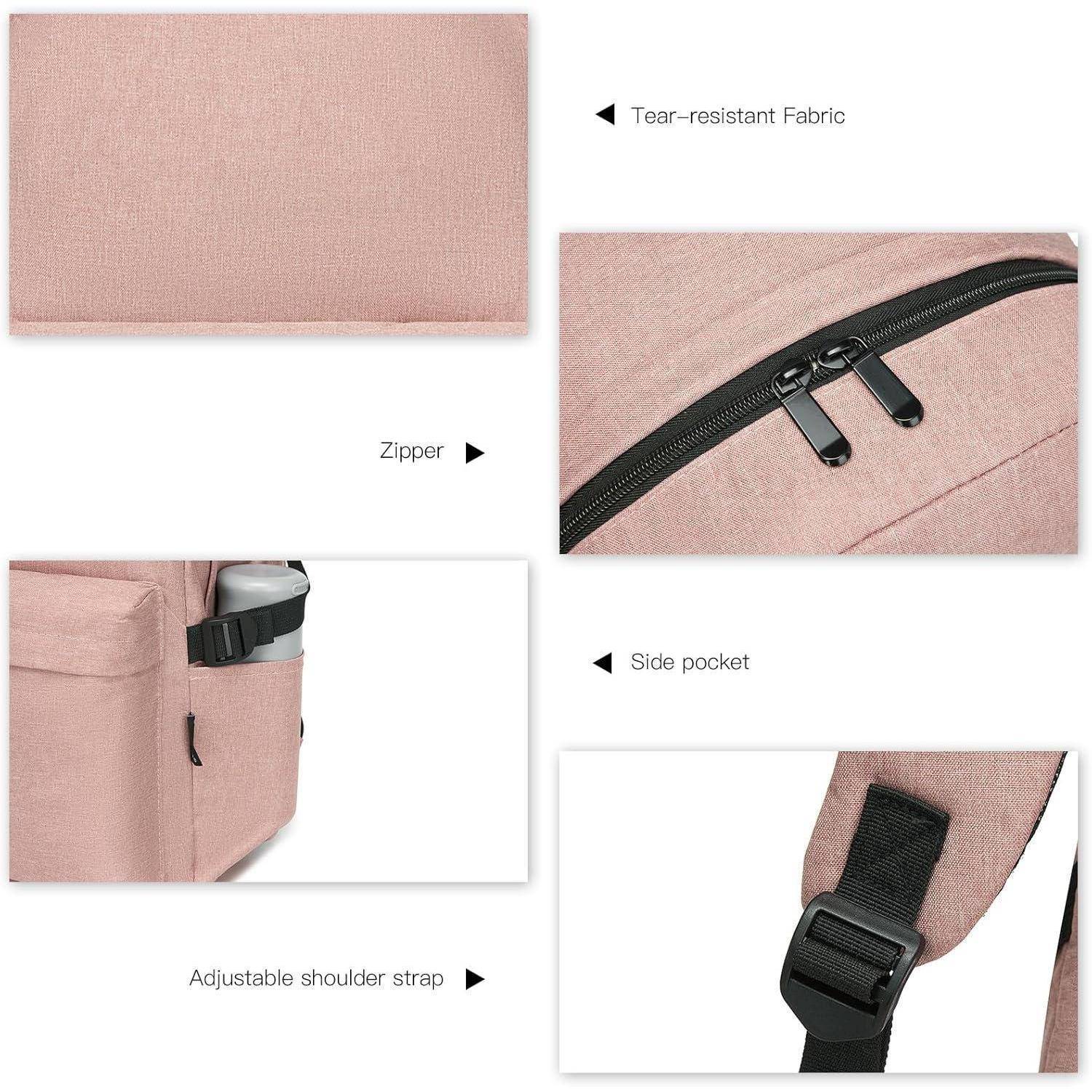 Bild einer pinken Tasche mit Merkmalen: 'Reißfester Stoff', 'Reißverschluss', 'Seitentasche' und 'Verstellbarer Schultergurt'.