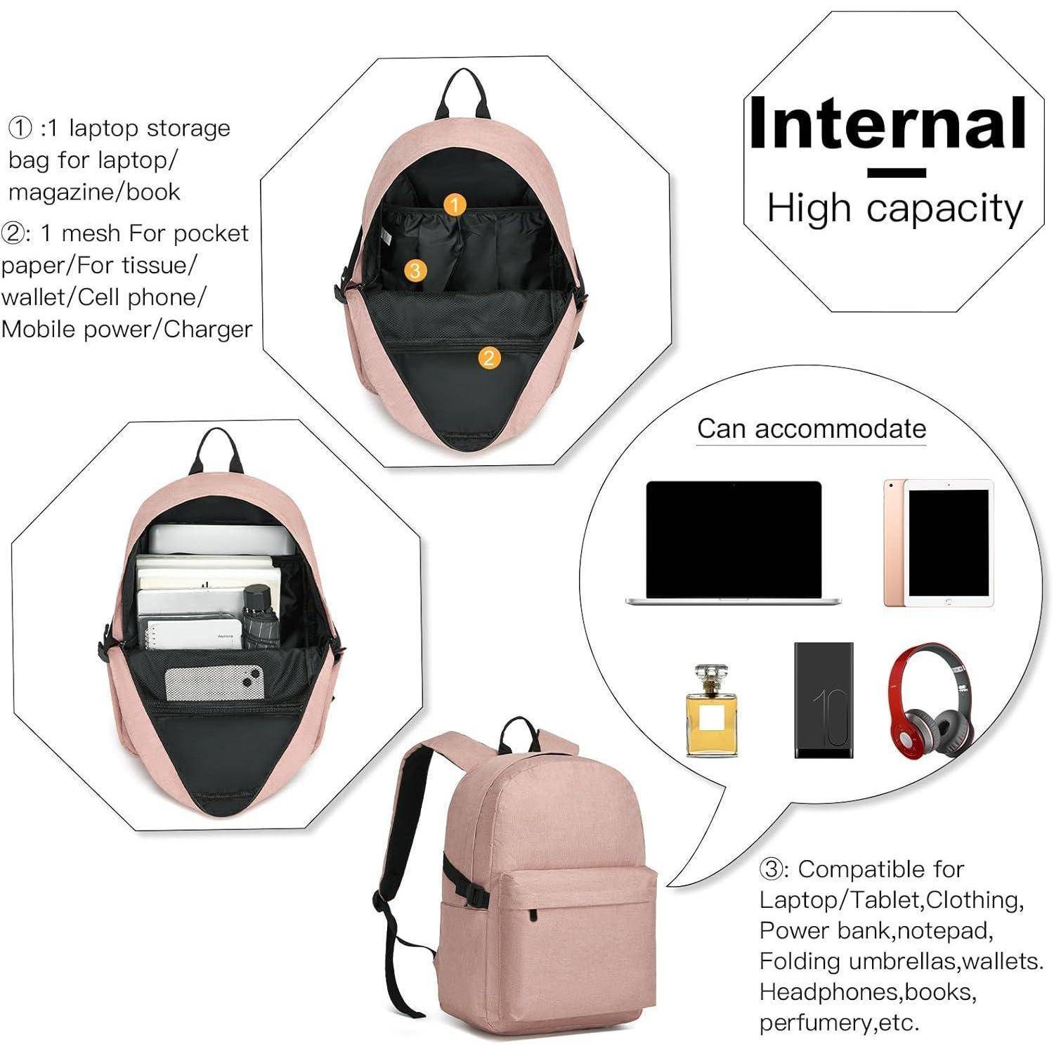 Ein rosa Rucksack, der seine inneren Fächer präsentiert, einschließlich einer Laptoptasche und verschiedener Organisationstaschen, und dabei seine hohe Kapazität hervorhebt.