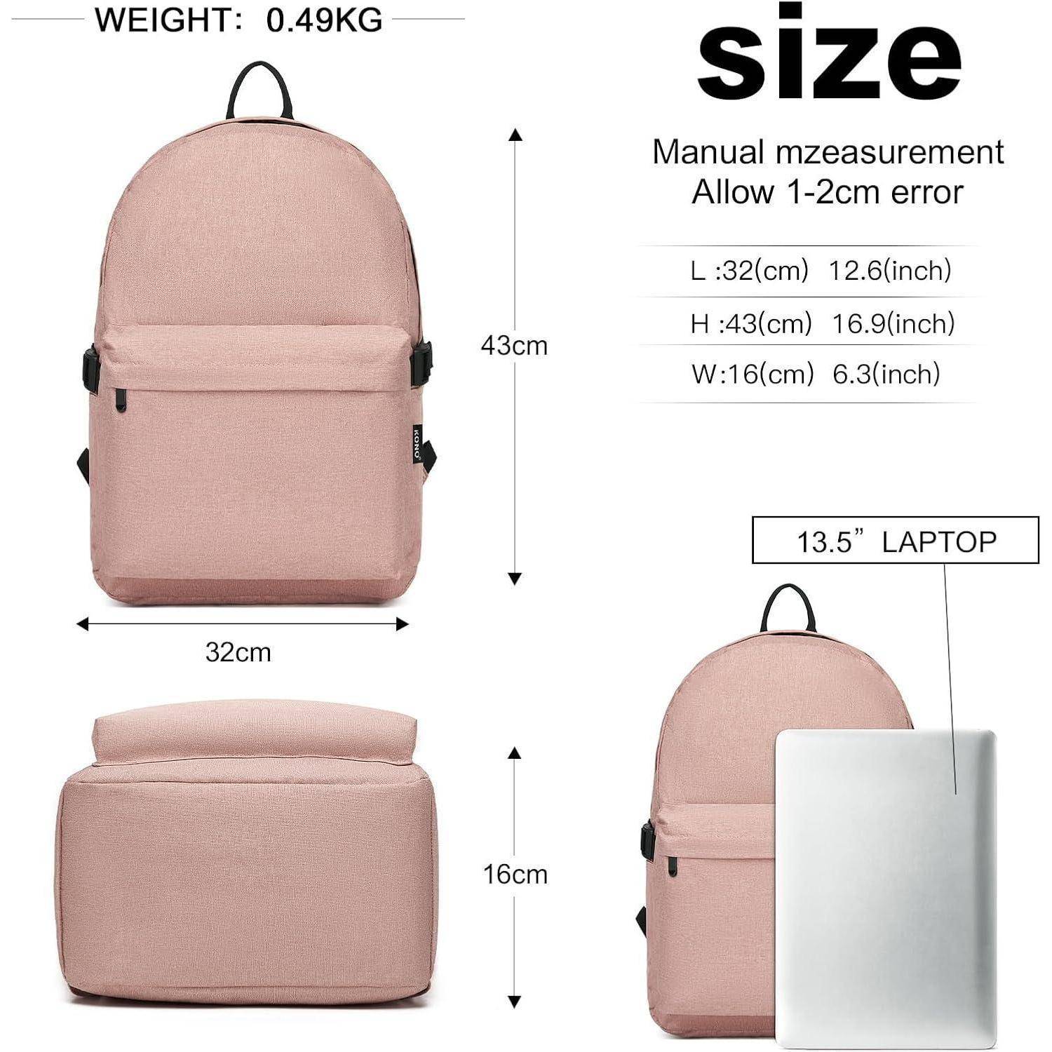 Pink Rucksack Abmessungen: 43 cm Höhe, 32 cm Länge, 16 cm Breite. Passt einen 13,5-Zoll-Laptop. Wiegt 0,49 kg.