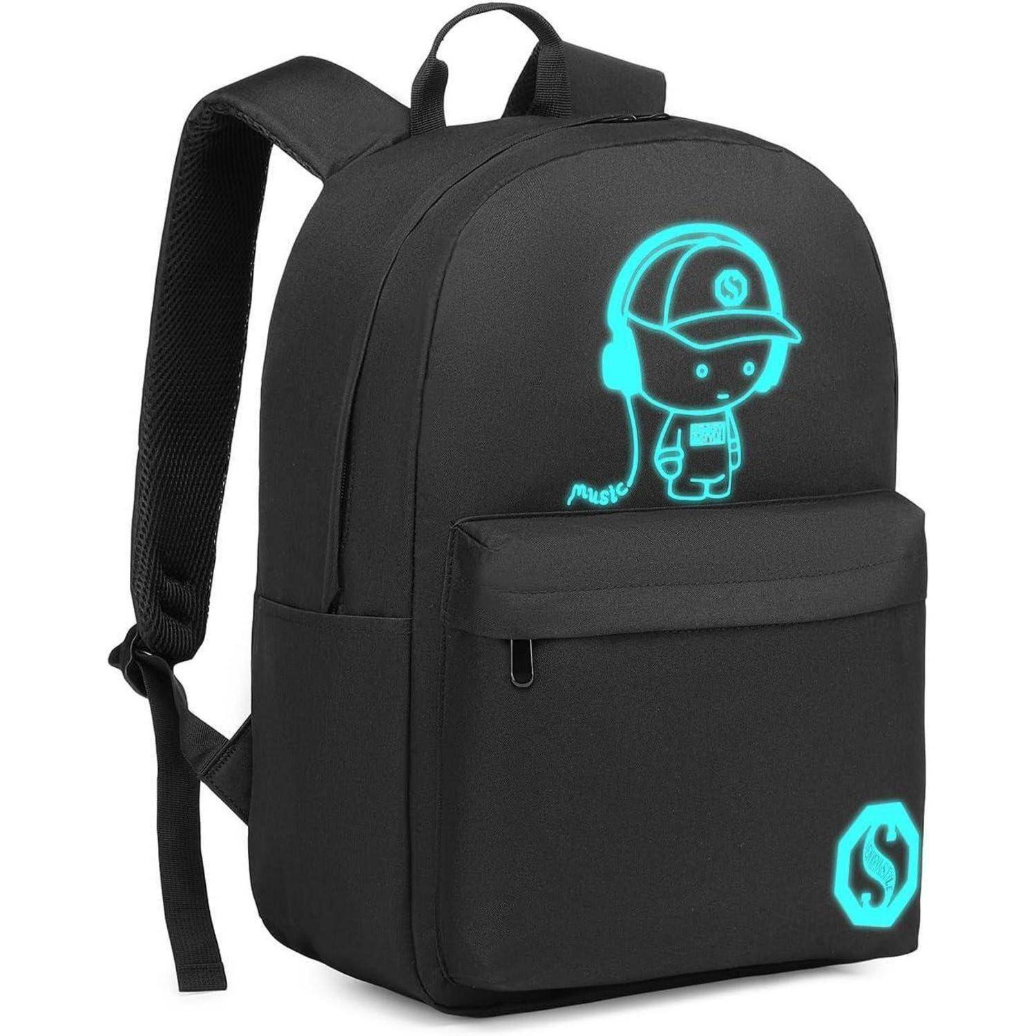 Schwarzer Rucksack mit einem leuchtenden blauen Cartoon-Charakter mit Mütze und Kopfhörern auf der Vordertasche.