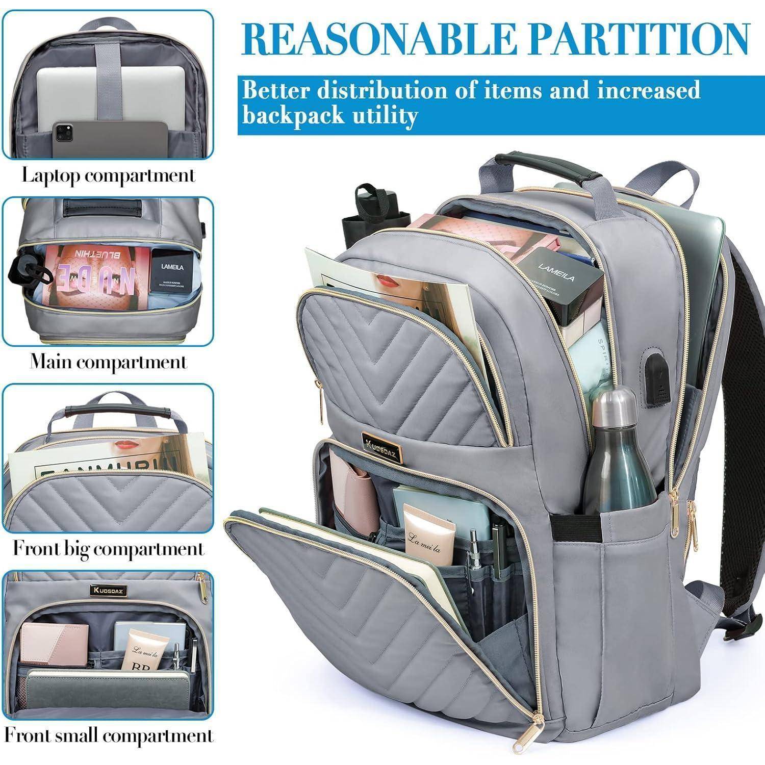 Rucksack Damen 15.6 Zoll USB Ladeanschluss Grau Wasserdicht Uni Reise