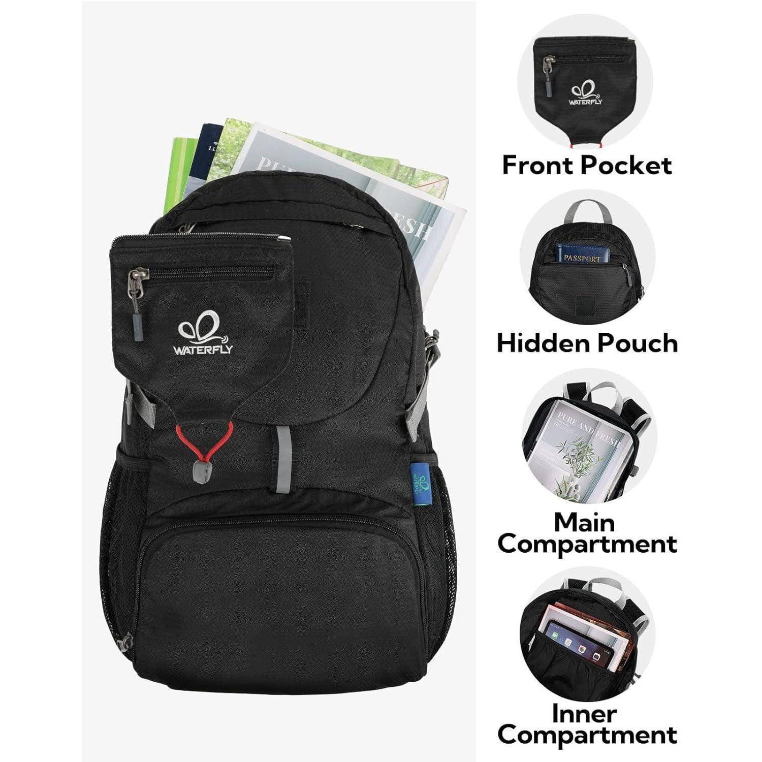 Schwarzer Rucksack mit Markenlogo, ausgestattet mit Vordertasche, verdeckter Tasche, Hauptfach und Innenfach, dargestellt mit Büchern im Inneren.