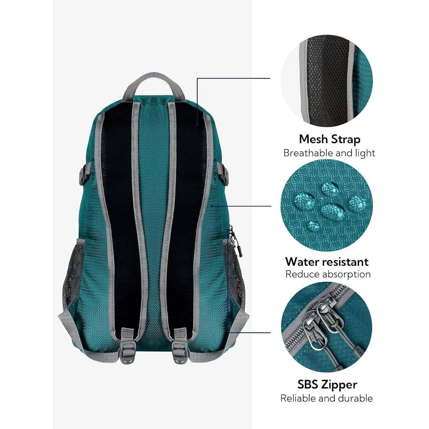 Rucksack mit Eigenschaften: Netzband für Atmungsaktivität, wasserabweisendes Gewebe zur Reduzierung der Absorption und einem SBS-Reißverschluss für Langlebigkeit.