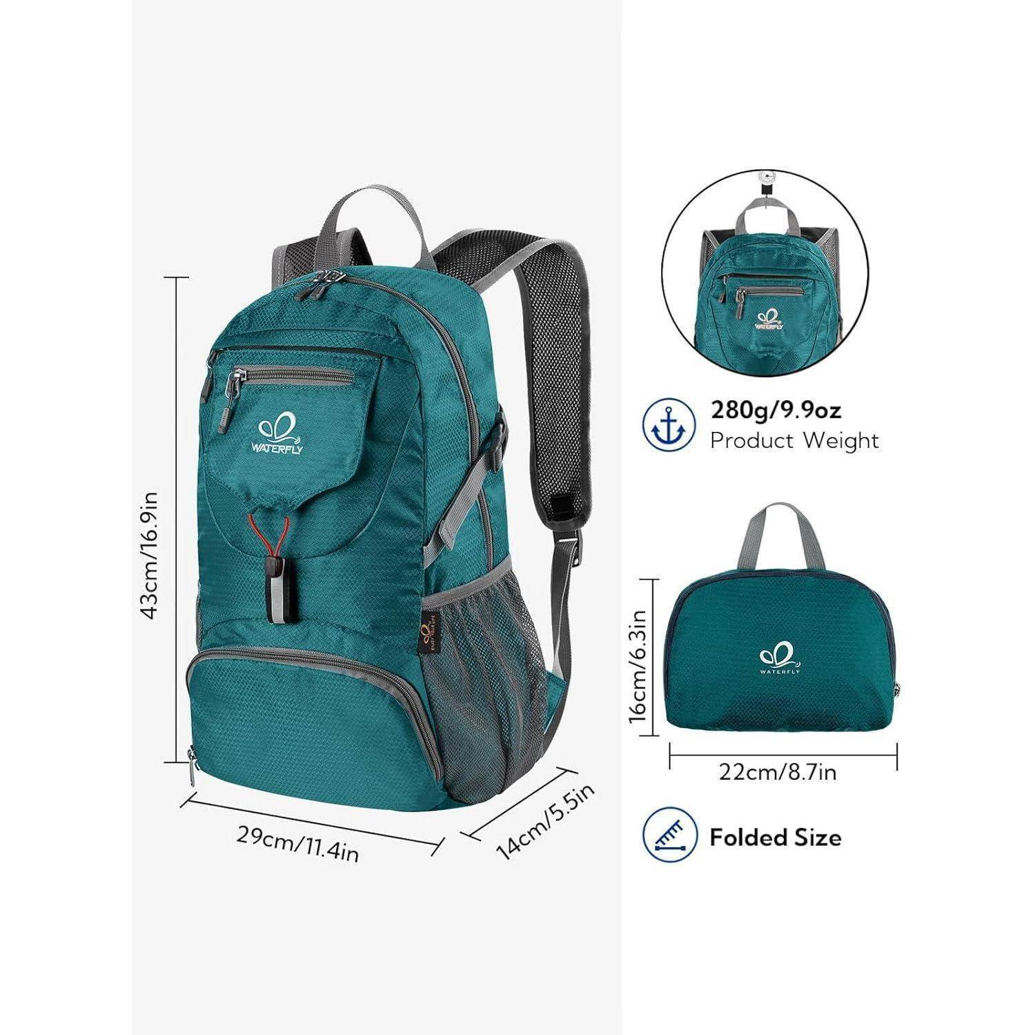 Petrolblauer Rucksack mit Logo, geöffnet und zusammengefaltet gezeigt. Maße: 42 cm x 29 cm x 14 cm wenn geöffnet, 22 cm x 16 cm wenn zusammengefaltet. Wiegt 280 g.