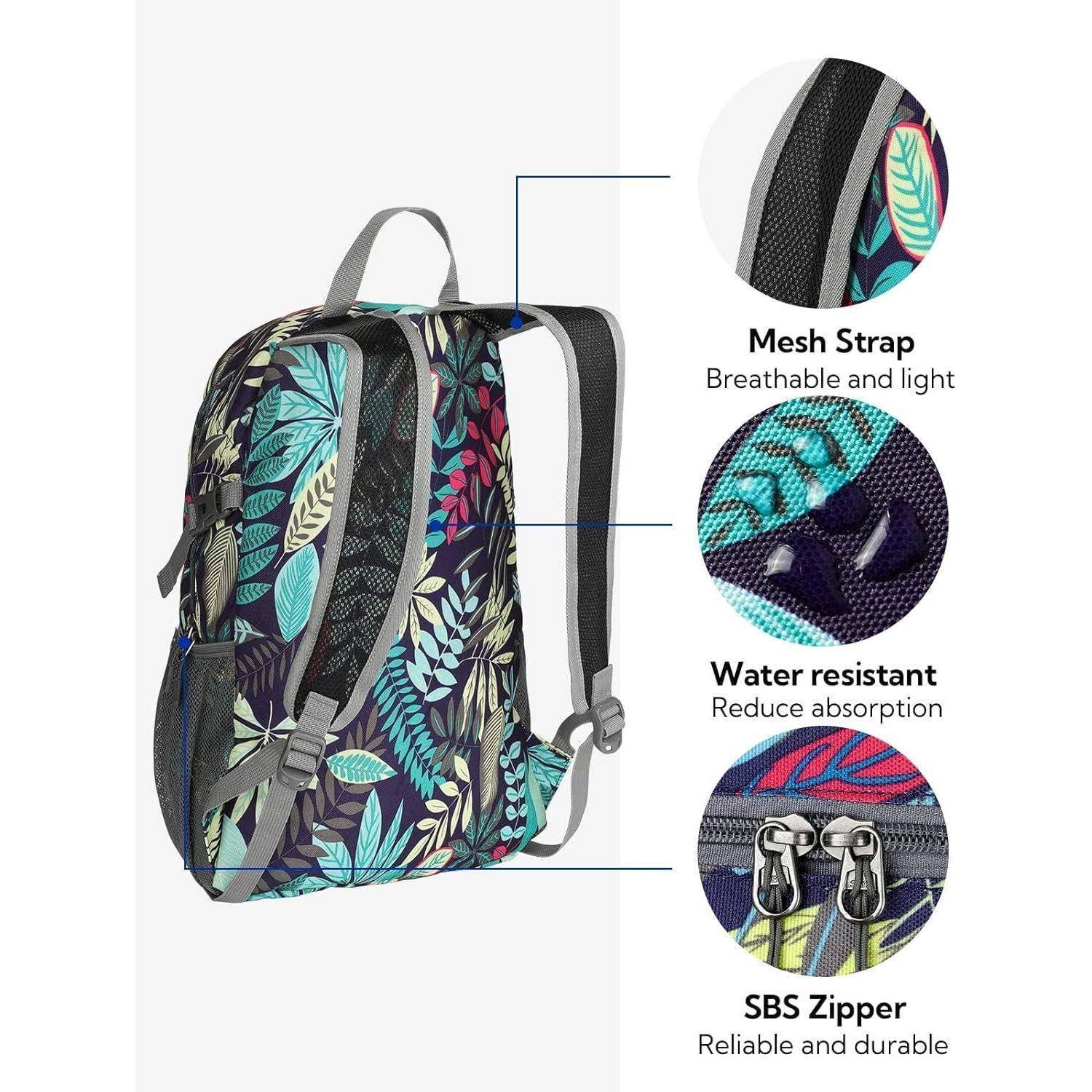 Rucksack mit Blattmuster. Eigenschaften: 'Netzgurt' - atmungsaktiv und leicht, 'Wasserabweisend' - reduziert Absorption, 'SBS-Reißverschluss' - zuverlässig und langlebig.