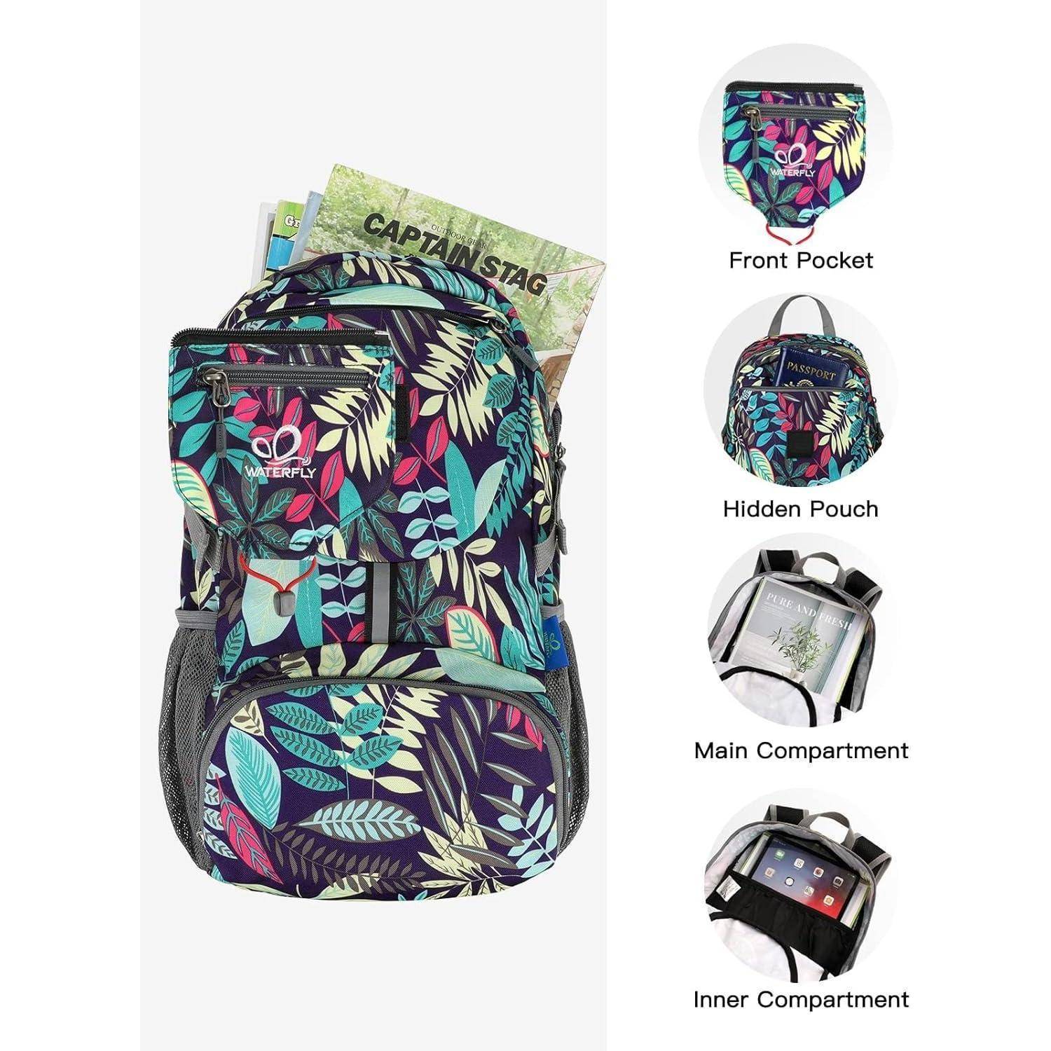 Bunter Rucksack mit Tropenmuster und mehreren Fächern: Vordertasche, versteckter Beutel, Hauptfach und Innenfach.