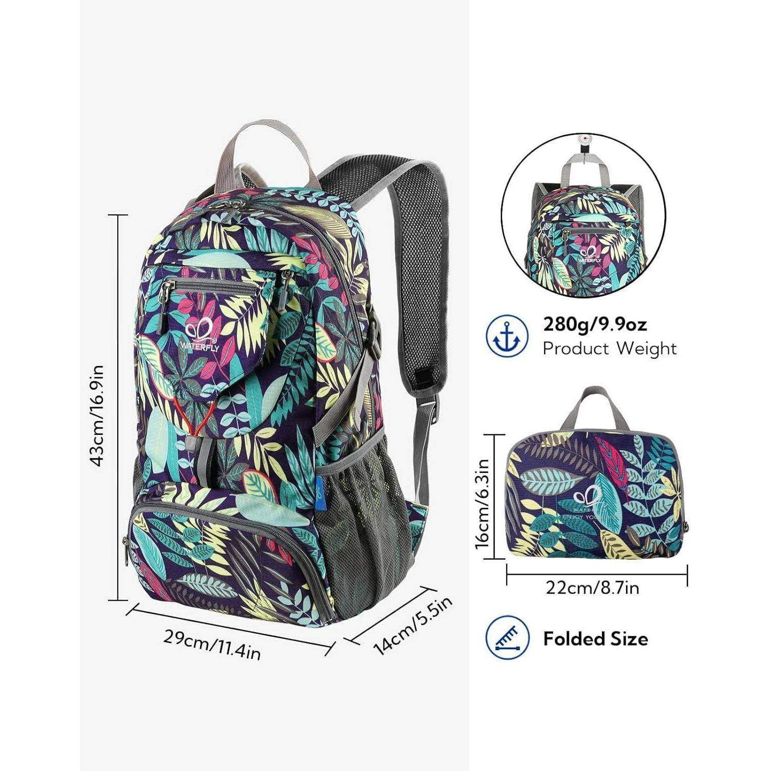 Rucksack mit lebendigem Blättermuster, Abmessungen 43x29x14 cm, Gewicht 280 g. Zusammengefaltet misst er 22x16 cm. Ausgestattet mit mehreren Fächern.