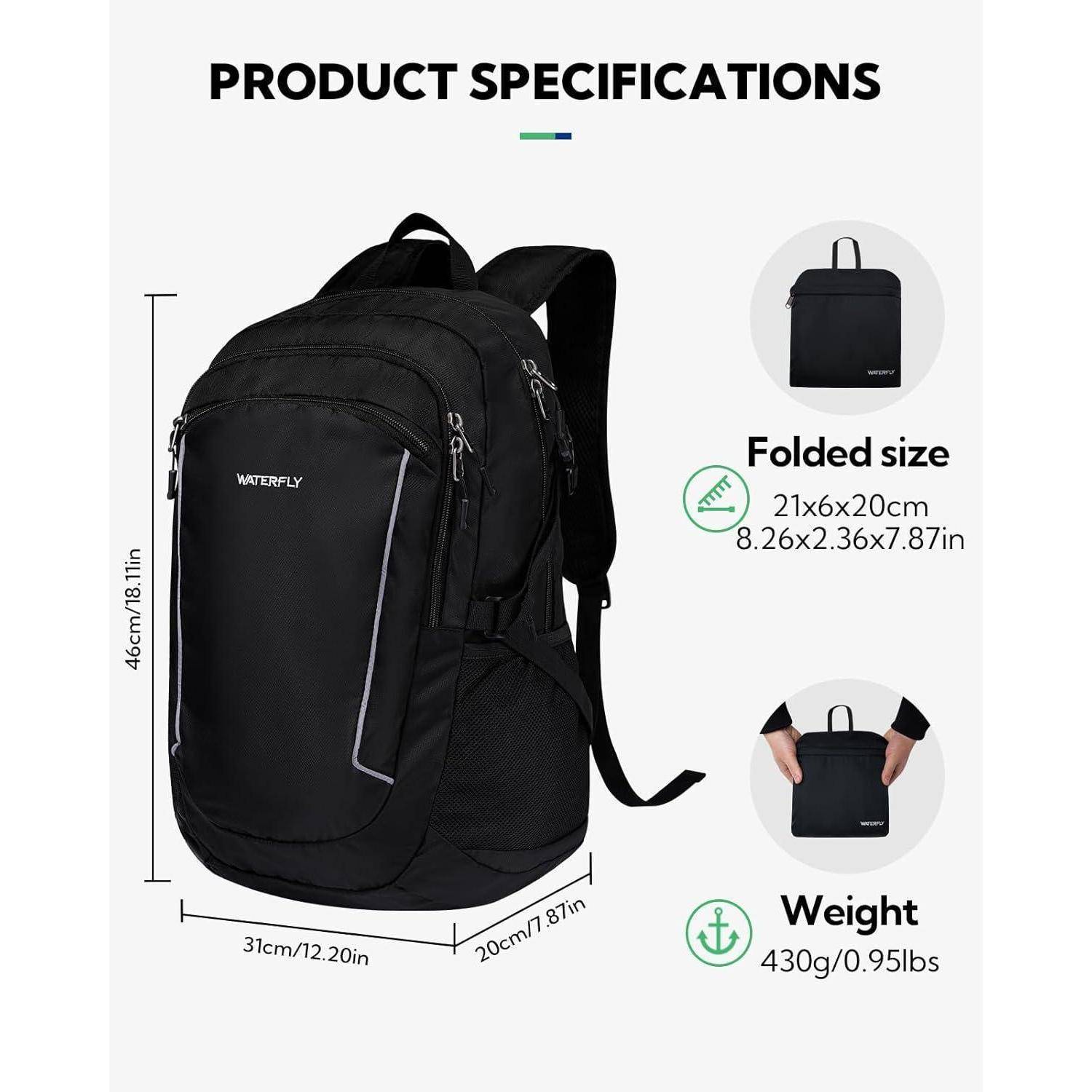 Faltbarer Wanderrucksack 28L Leicht Trekking Outdoor Schwarz