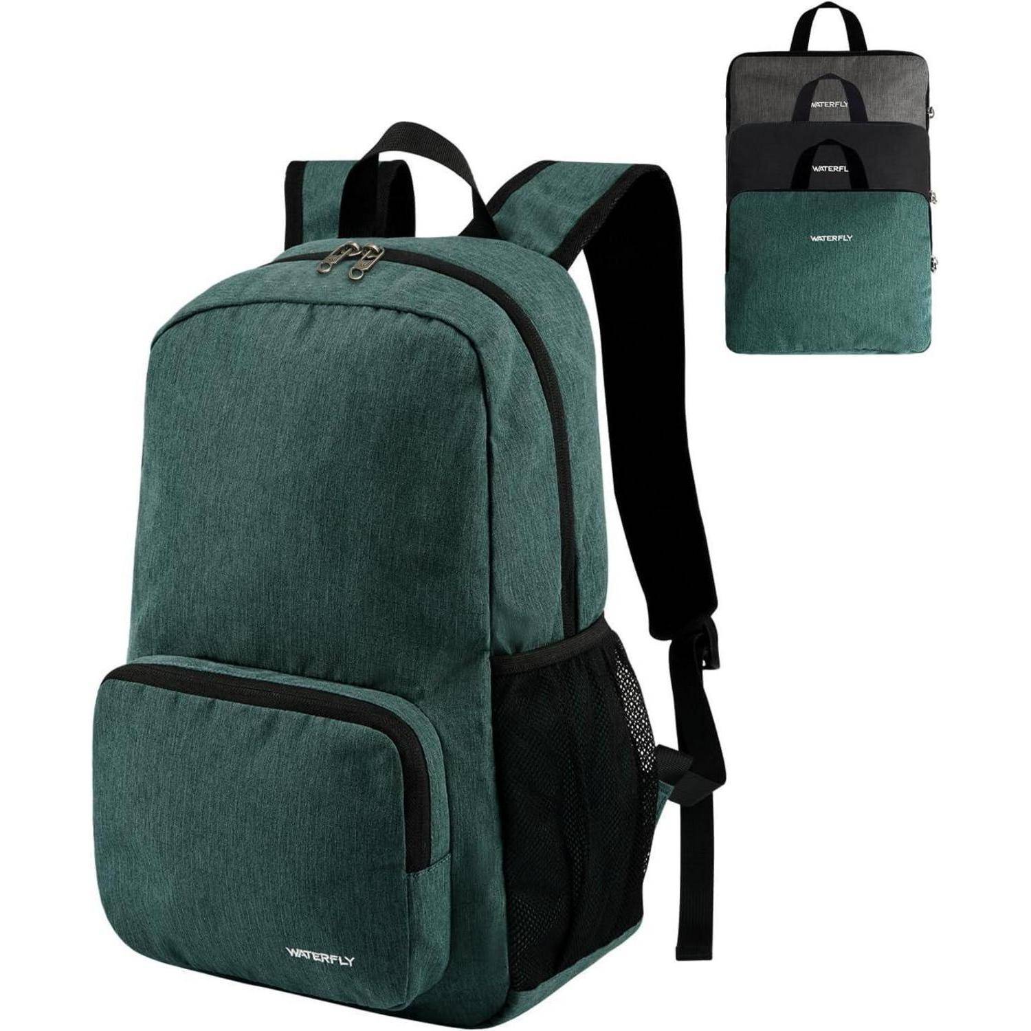 Ein grüner Rucksack mit vorderen und seitlichen Taschen. Er verfügt über verstellbare Träger und wird zusammen mit einer zusammengefalteten Version präsentiert, was seine Portabilität veranschaulicht.