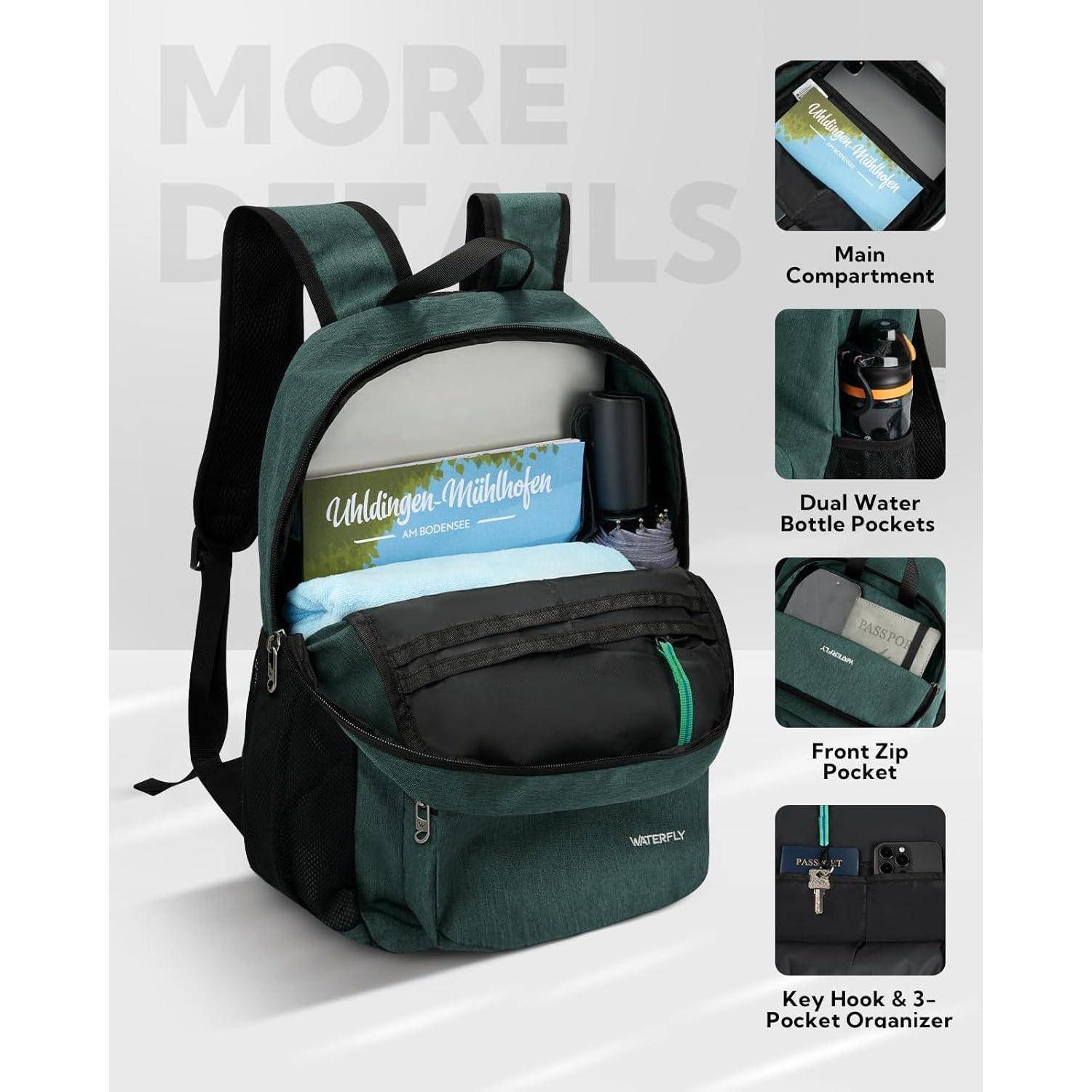 Ein Rucksack mit offenen Fächern, die zeigen: 