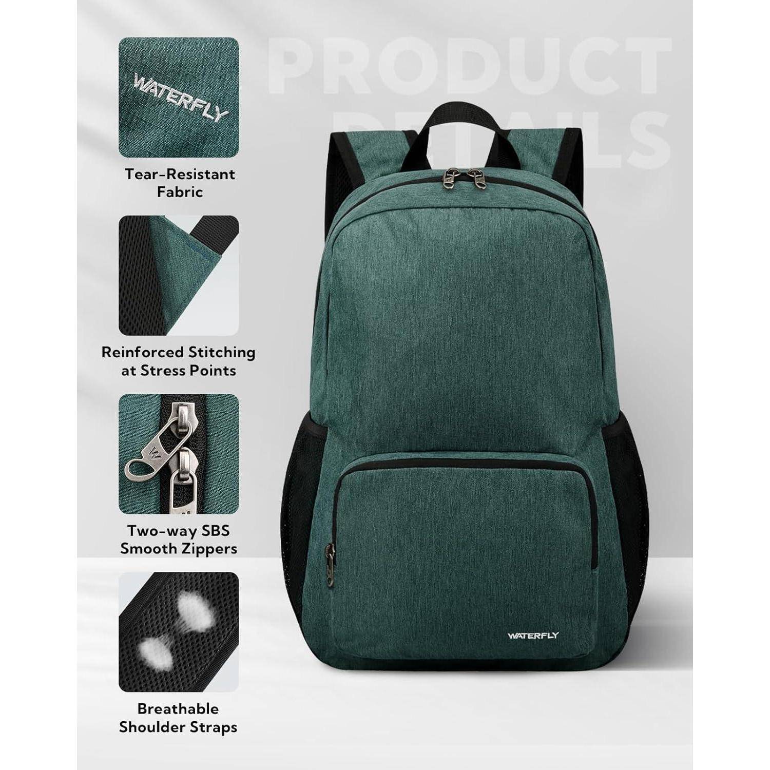 Ein türkisfarbener Rucksack mit hervorgehobenen Merkmalen: 'Reißfester Stoff', 'Verstärkte Nähte an Belastungspunkten', 'Zweiwege-SBS-Reißverschlüsse mit glatter Funktion', 'Atmungsaktive Schultergurte'. Marke: WATERFLY.