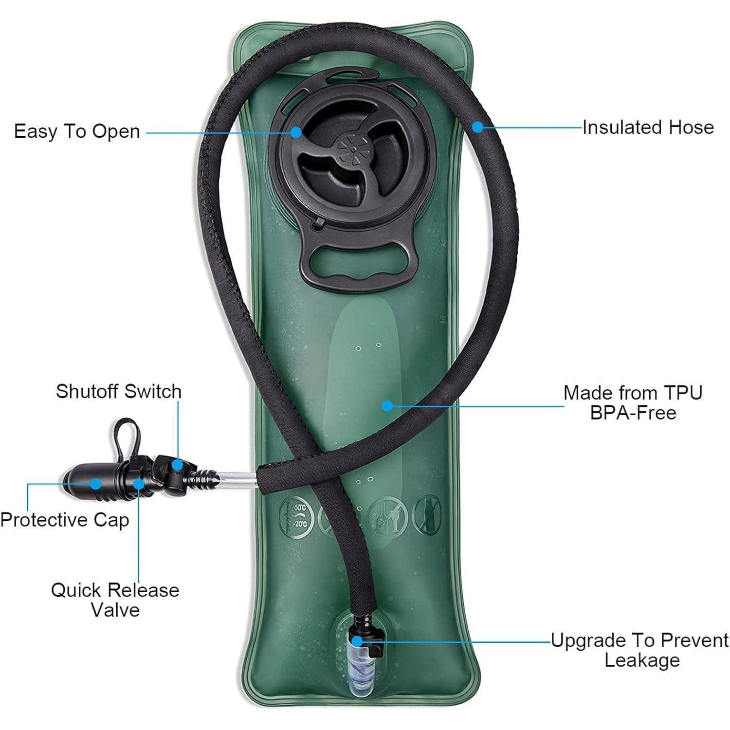 Ein grüner Hydrationsbeutel mit einem schwarzen Schlauch und Deckel. Beschriftete Merkmale umfassen: ‚Leicht zu öffnen', ‚Isolierter Schlauch', ‚Hergestellt aus TPU BPA-frei', ‚Upgrade zur Leckagevermeidung', ‚Schnellverschlussventil' und ‚Abschaltschalter'.