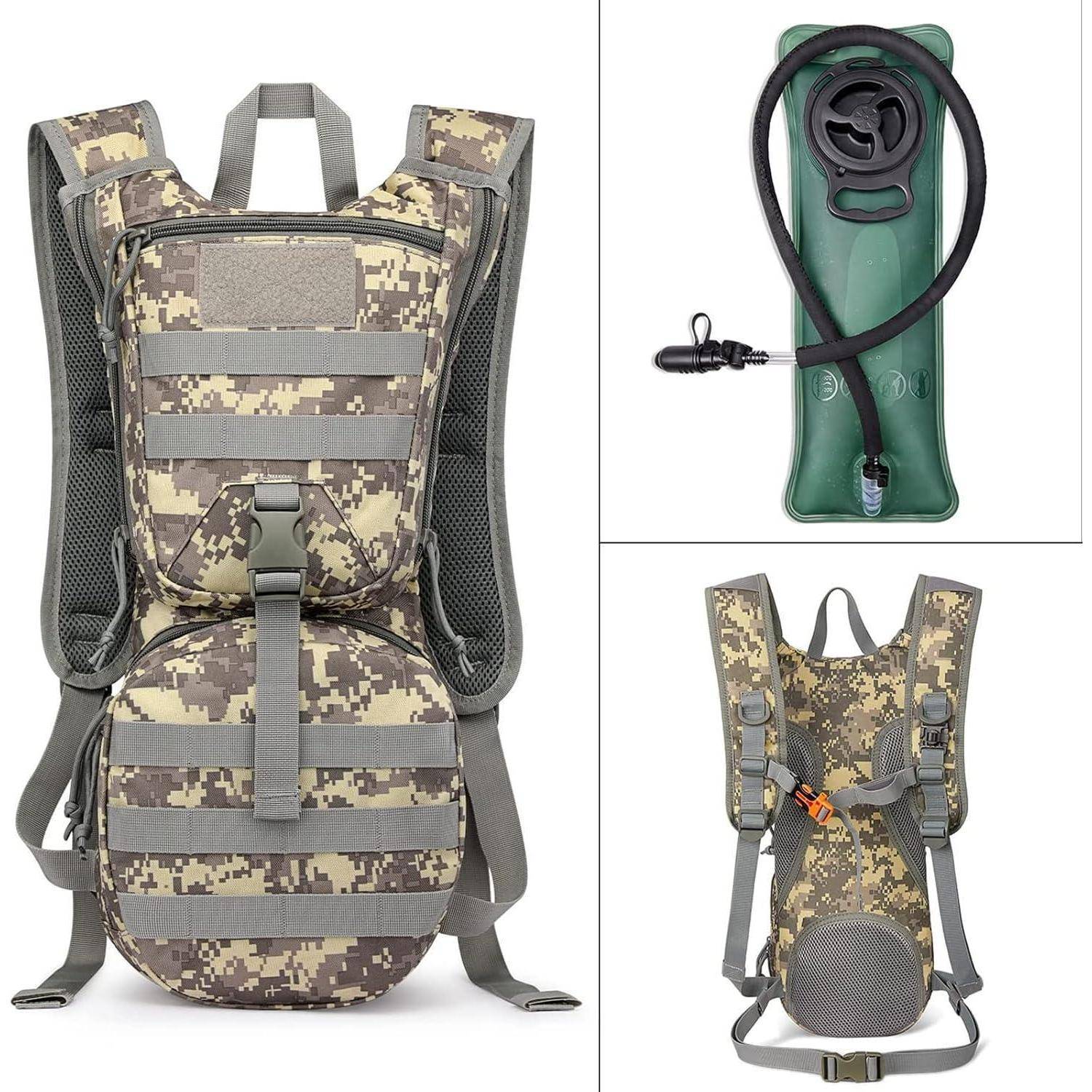 Camouflage-Hydration-Rucksack mit Wasserreservoir und Trinkschlauch. Front- und Rückansicht dargestellt. Ideal für Outdoor-Aktivitäten.