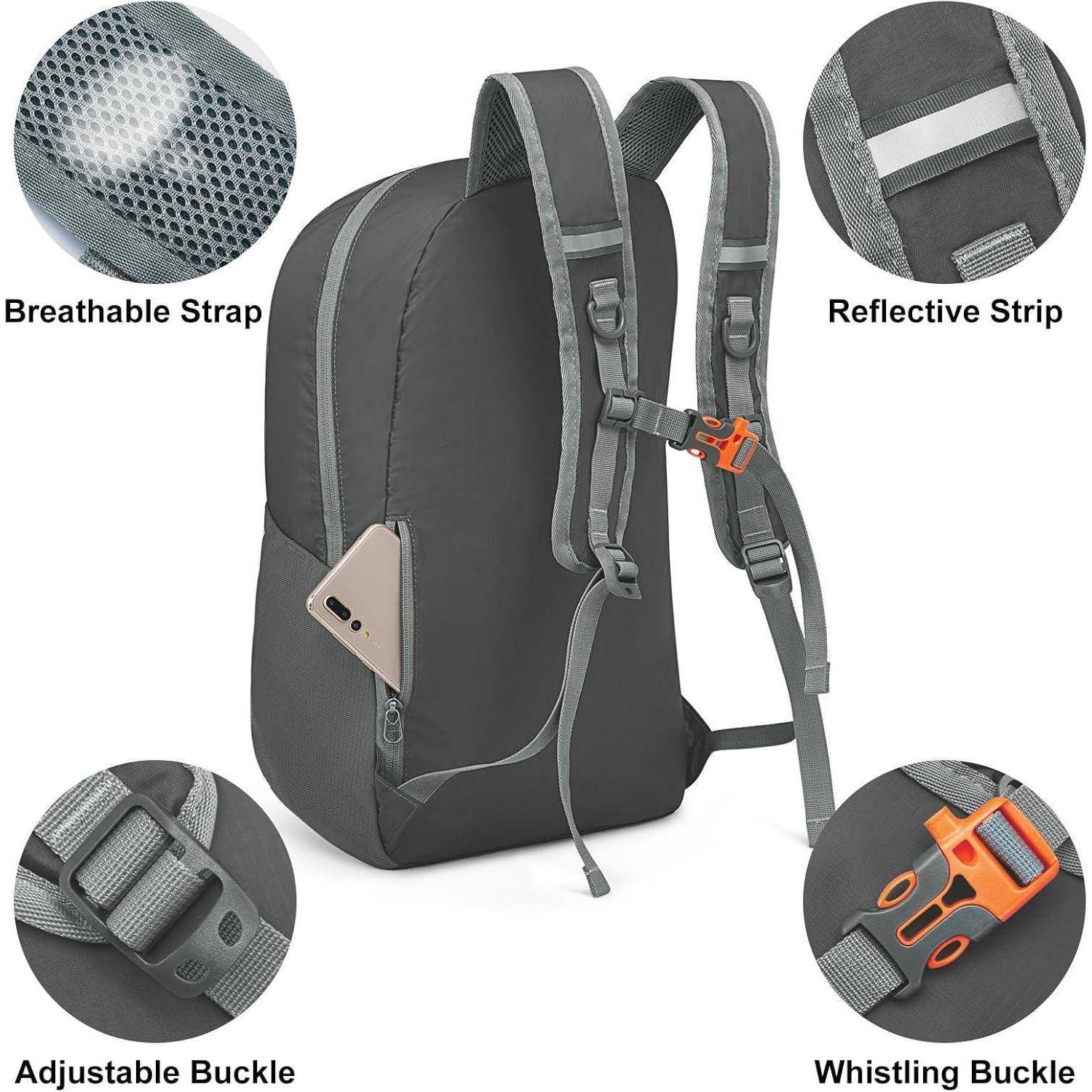 Ein grauer Rucksack mit folgenden Merkmalen: atmungsaktiver Gurt, reflektierende Streifen, verstellbare Schnalle, Signalpfeifenschnalle und ein Smartphone-Fach.