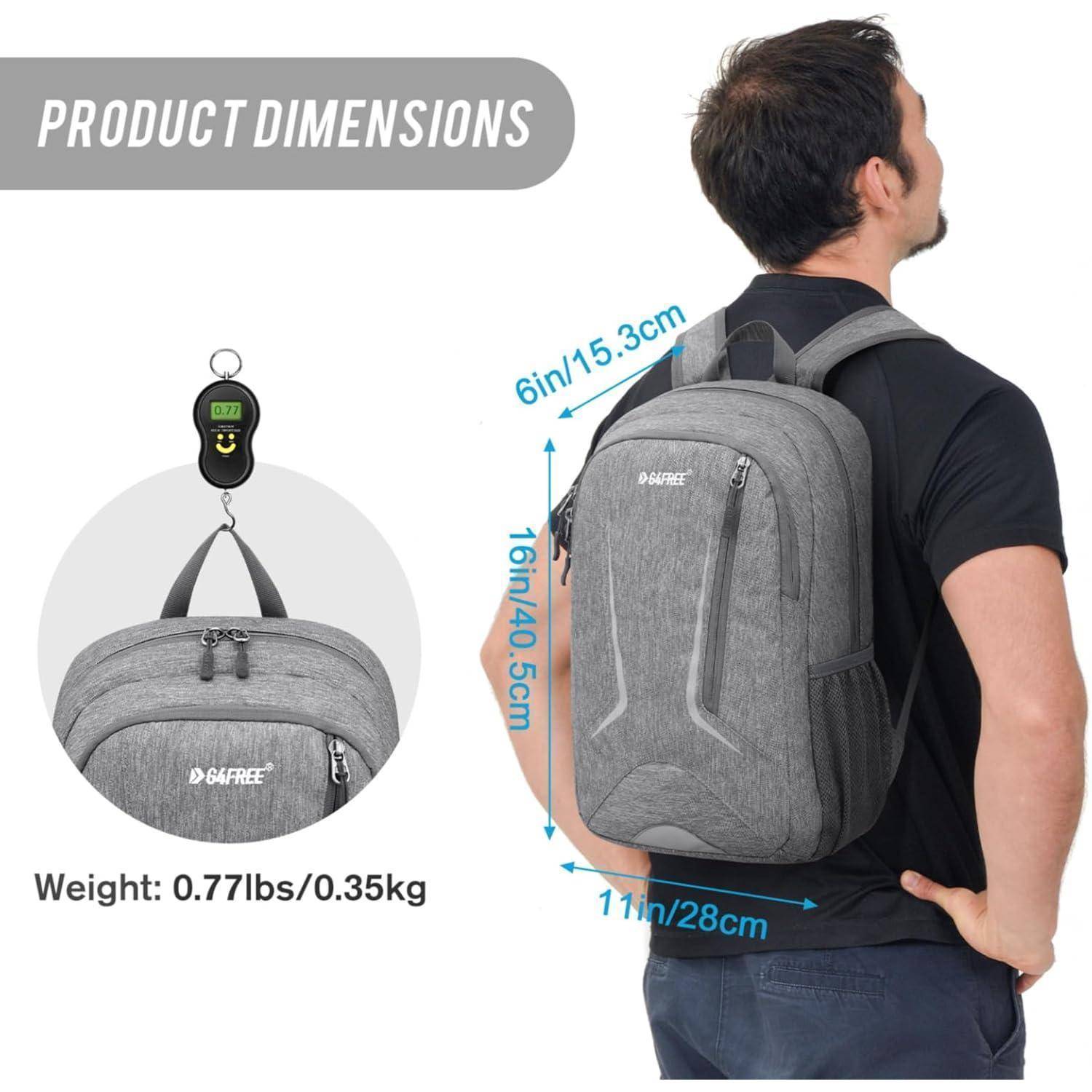 Ein Mann mit einem grauen Rucksack, der von hinten zu sehen ist. Text zeigt Maße: 16x11x6 Zoll. Gewicht: 0,77 Pfund. Einschub zeigt eine Hängewaage.