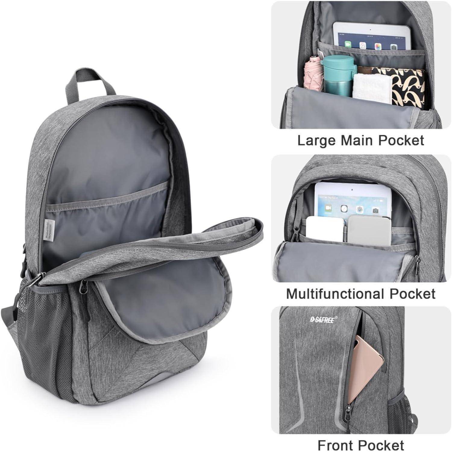 Grauer Rucksack mit drei Taschen: 'Große Haupttasche' mit einem Laptop, 'Multifunktionale Tasche' mit einem Tablet und 'Vordertasche' mit einem Smartphone.