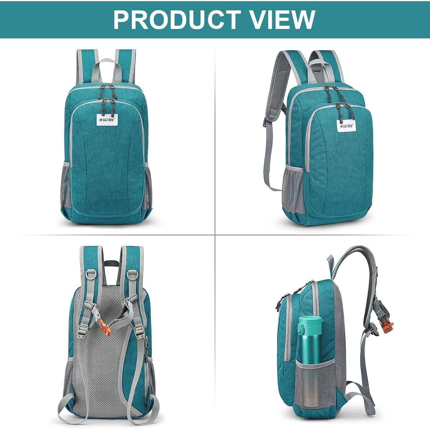Türkisfarbener Rucksack, von vorne, hinten, von der Seite und in Schrägansicht gezeigt. Merkmale umfassen mehrere Fächer, graue Netztaschen und verstellbare Riemen.