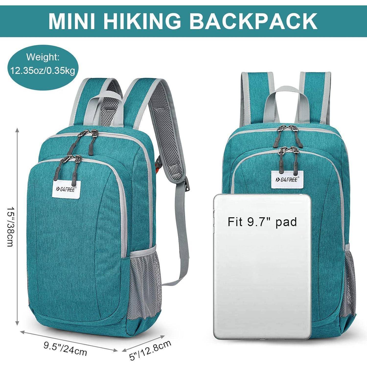 Ein türkisfarbener Mini-Wanderrucksack mit Abmessungen von 38 cm x 24 cm x 13 cm. Wiegt 350 g. Passt für ein 24,6 cm Pad. Ausgestattet mit Logo, verstellbaren Trägern und Seitentaschen.