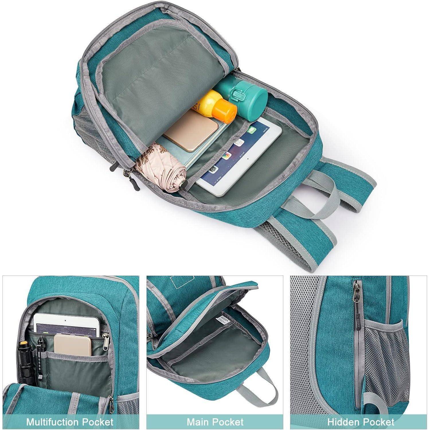 Geöffneter türkisfarbener Rucksack mit sichtbarem Inhalt: Bücher, Notizbuch, Wasserflasche und Brotdose. Detailansichten zeigen Multifunktionstasche, Hauptfach und versteckte Tasche.