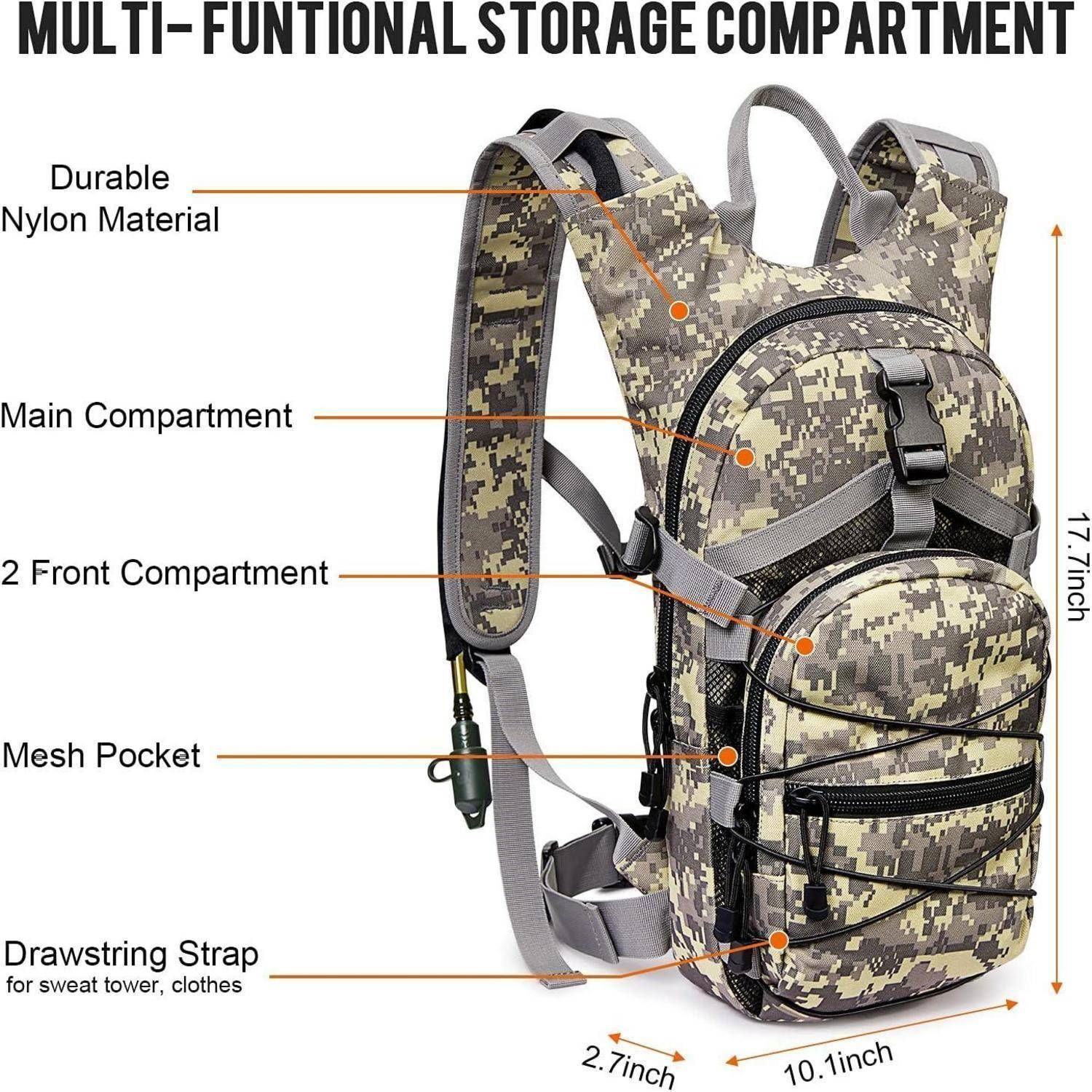 Ein Tarnrucksack mit mehreren Fächern und Funktionen, hergestellt aus strapazierfähigem Nylonmaterial, mit Hauptfach und Vorderfach, Netzfach, Kordelzugriemen und angegebenen Größenabmessungen.