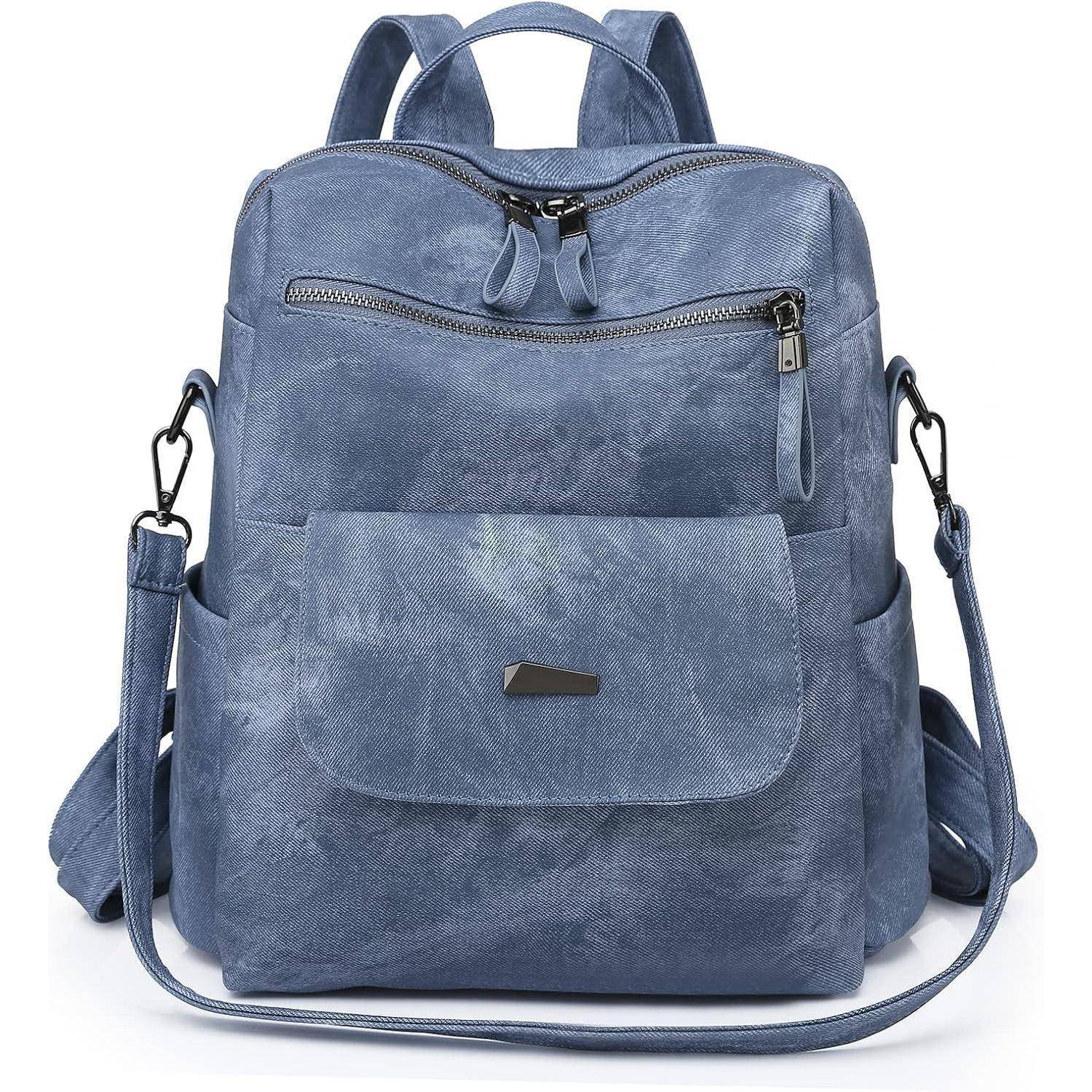 Ein blauer Leinwand-Rucksack mit mehreren Taschen, einer vorderen Klappe und verstellbaren Trägern, konzipiert für den täglichen Gebrauch.