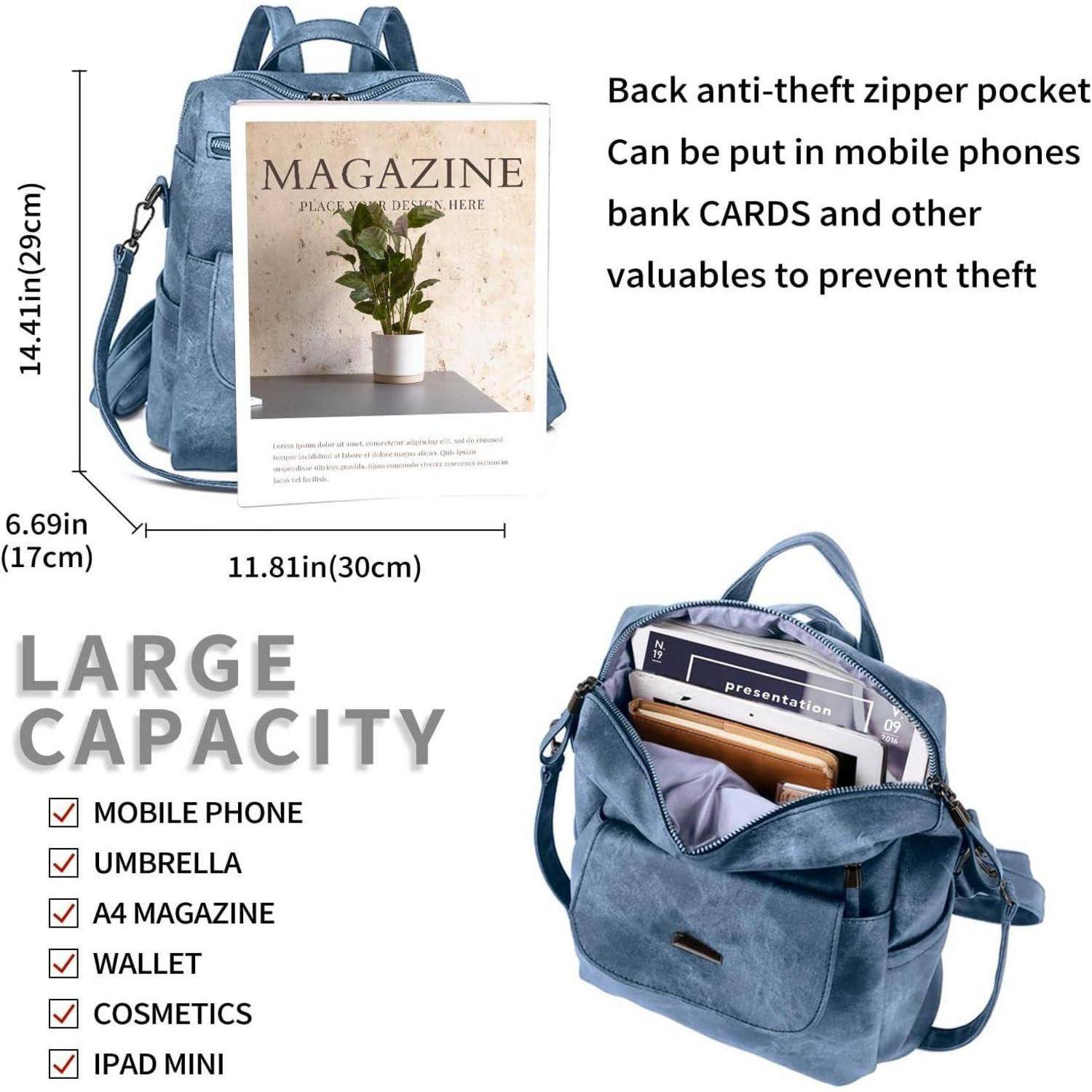 Blauer Rucksack mit großer Kapazität, der Mobiltelefon, Regenschirm, A4-Zeitschrift, Geldbörse, Kosmetik und iPad Mini aufnehmen kann. Verfügt über eine diebstahlsichere Reißverschlusstasche für Wertsachen.