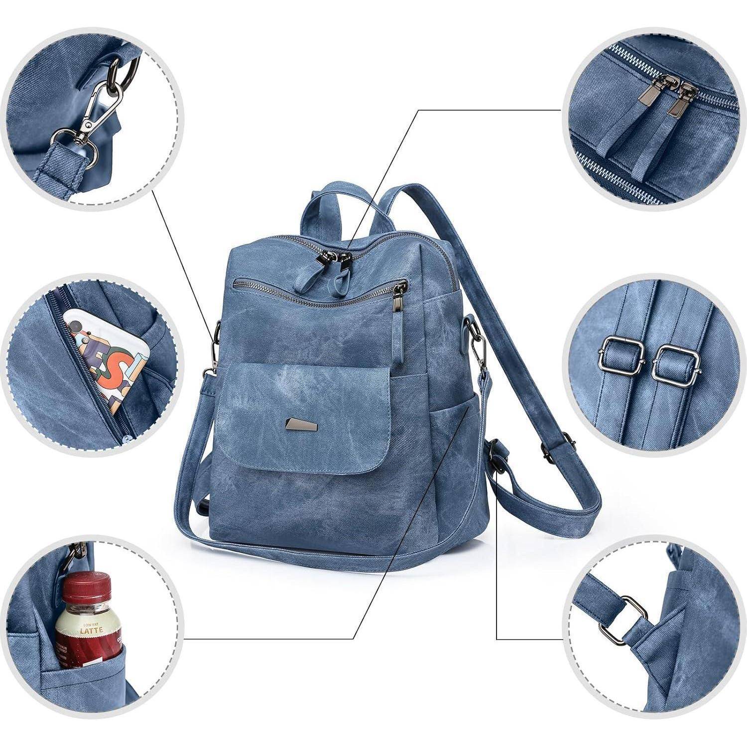 Blauer Rucksack mit Reißverschlusstasche vorne, seitlicher Flaschentasche, verstellbaren Trägern und Schlüsselanhänger-Halterung. Detailaufnahmen zeigen Reißverschluss, Schnalle und Gewebedetails.