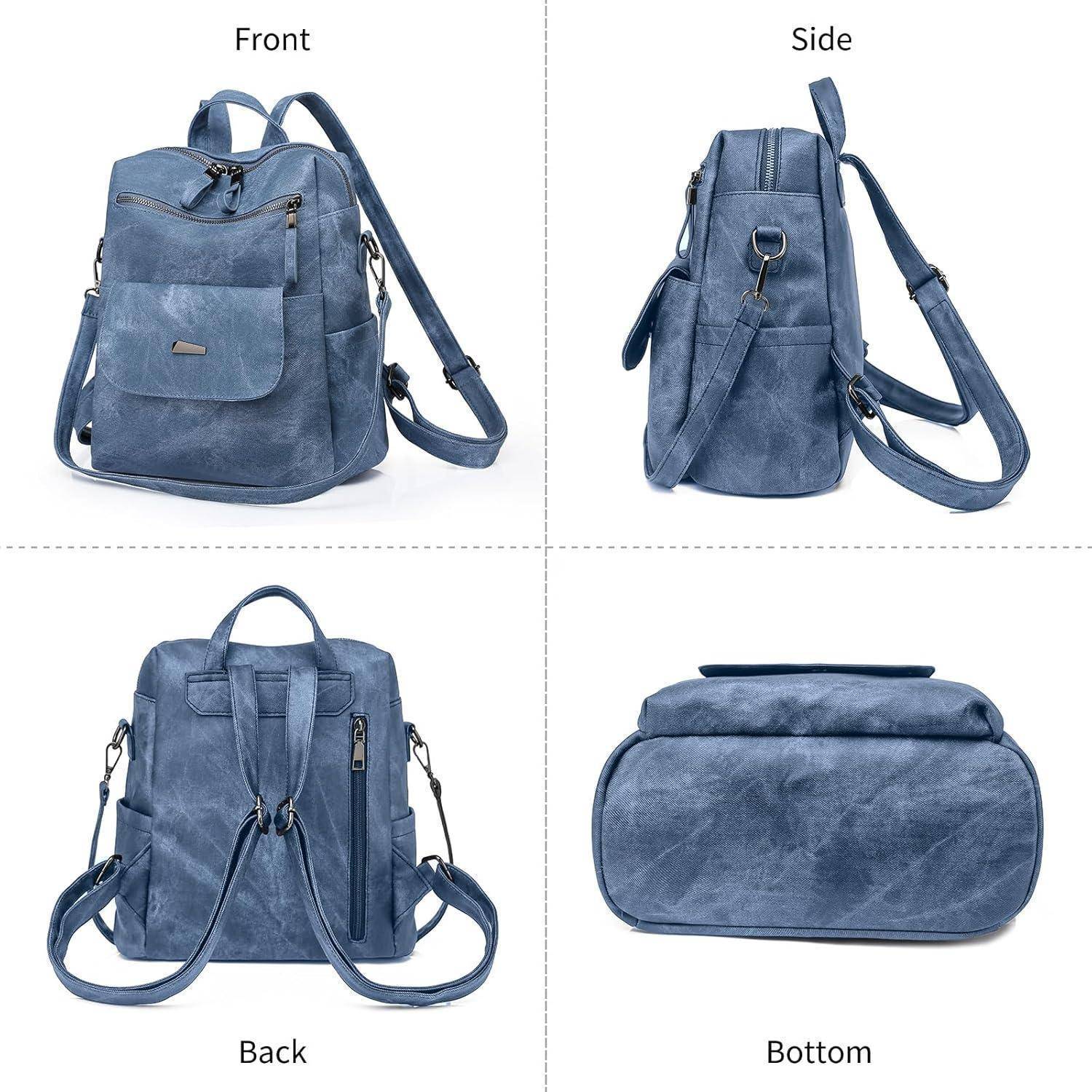 Vierteilige Anordnung, die einen blauen Rucksack aus verschiedenen Blickwinkeln zeigt: Vorderansicht, Seitenansicht, Rückansicht und Unteransicht. Der Rucksack verfügt über mehrere Taschen und verstellbare Träger.