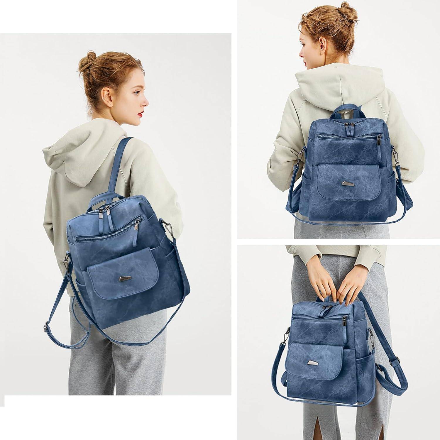 Frau, die einen grauen Hoodie trägt und einen großen blauen Rucksack mit mehreren Taschen trägt. Verschiedene Winkel des Rucksacks werden zur Detailansicht gezeigt.