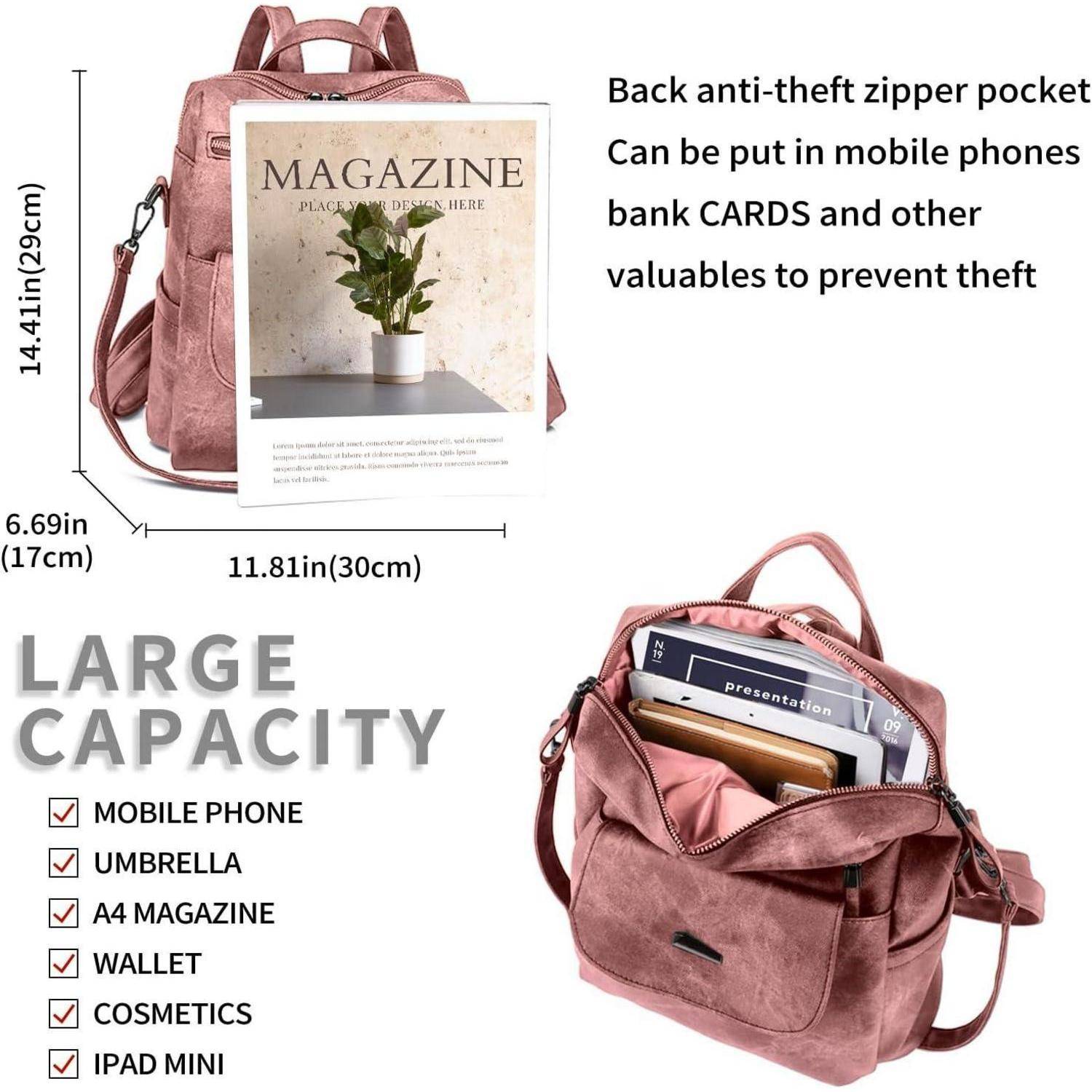 Ein rosa Rucksack mit einer Zeitschrift und einem Tablet in der Tasche zeigt eine große Kapazität für Handys, Geldbörsen und mehr; verfügt über eine diebstahlsichere Tasche.