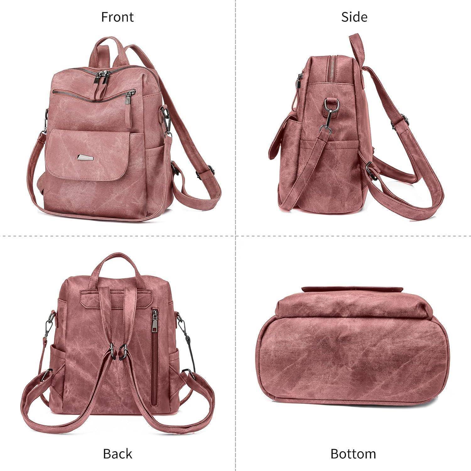 Vier Ansichten eines pinken Rucksacks: Vorderseite, Seitansicht, Rückseite und Unterseite. Er verfügt über mehrere Reißverschlüsse, verstellbare Träger, einen Tragegriff oben und eine Vordertasche.