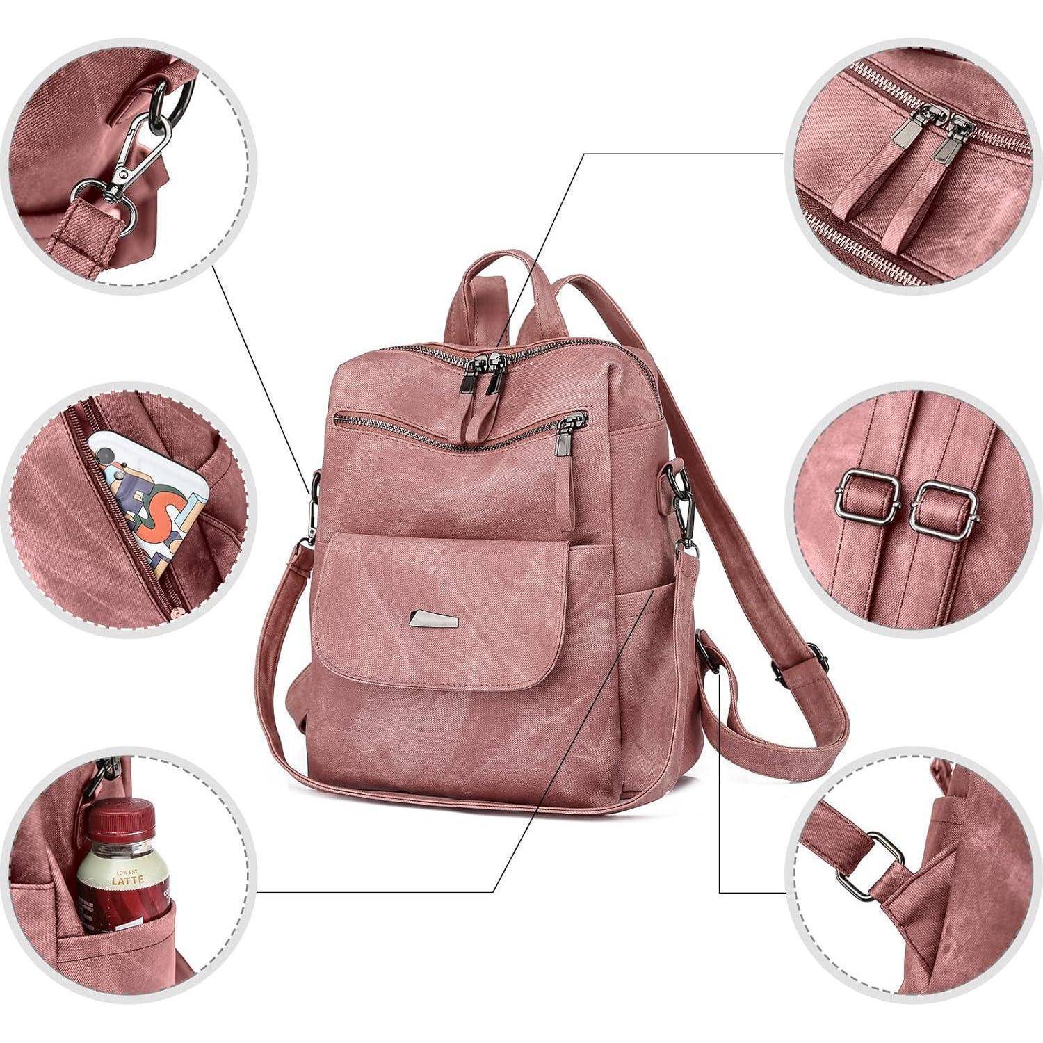 Rosa Rucksack mit Vordertasche und mehreren Reißverschlüssen, verstellbaren Trägern und Seitentasche für eine Wasserflasche.